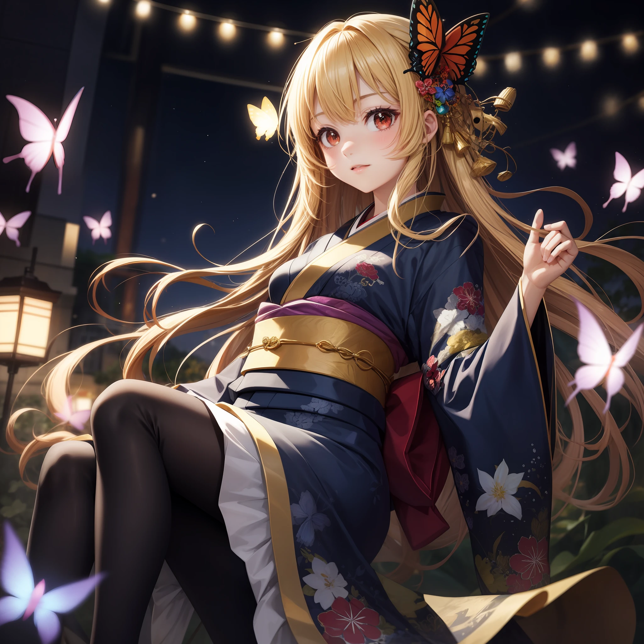 animated cartoon、One blonde girl with red eyes、Kimono、butterflys々Hair ornaments