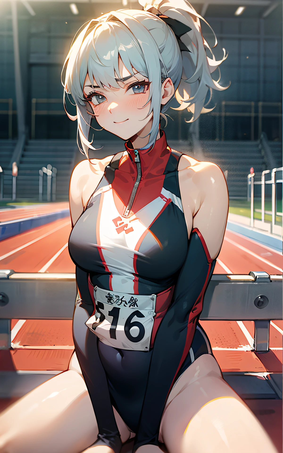 (Original Character、Unity 16K Wallpaper, Masterpiece, Best Quality, Ultra-Detailed, Extremely Detailed CG, Caustics, Cinematic Lighting, Detailed, Beautiful Detailed Eyes, solo), Ultra High Resolution, fine skin, (track and field:1.2) 、(strong light)、oily skin,smile , from front:1.2、(sexy women)、Arena、full body shot、separate、racing bloomers、show off belly,show off neck,sunny day、cowboy shot,gray hair、sit on the bench,open legs,pixie cut,blush angry,High ponytail