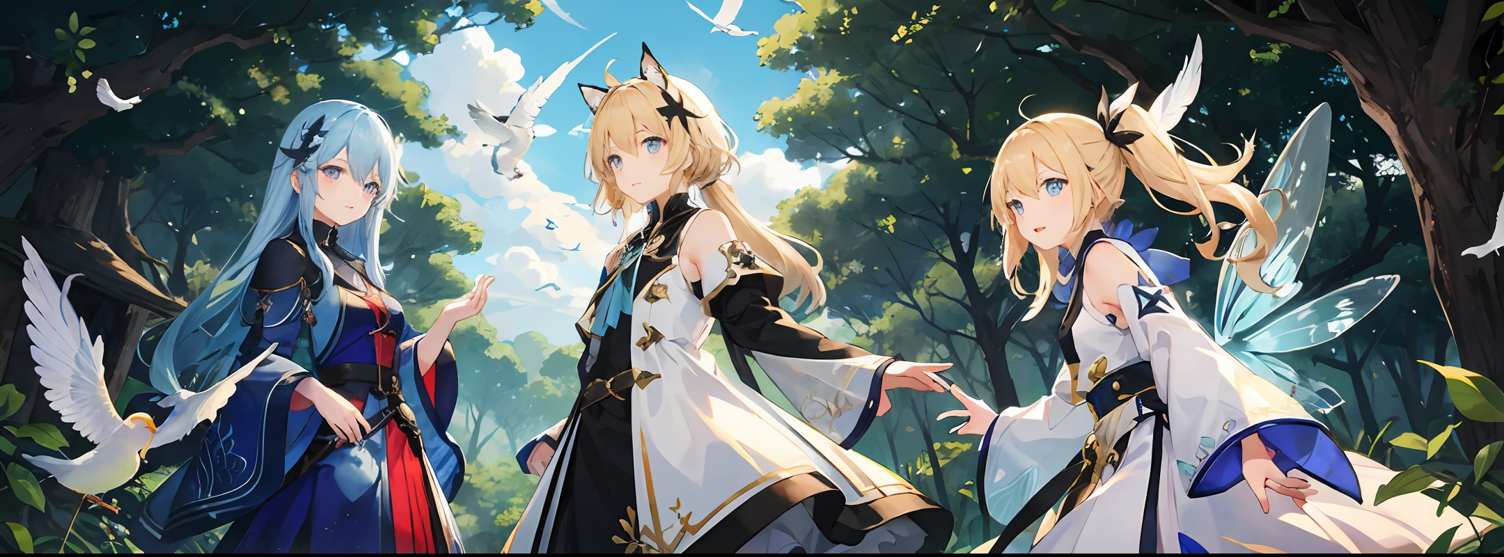high-level image quality、Background in the forest、sun shining、Little Fairy、a blond、blue eyess、babes、feathered、are flying、