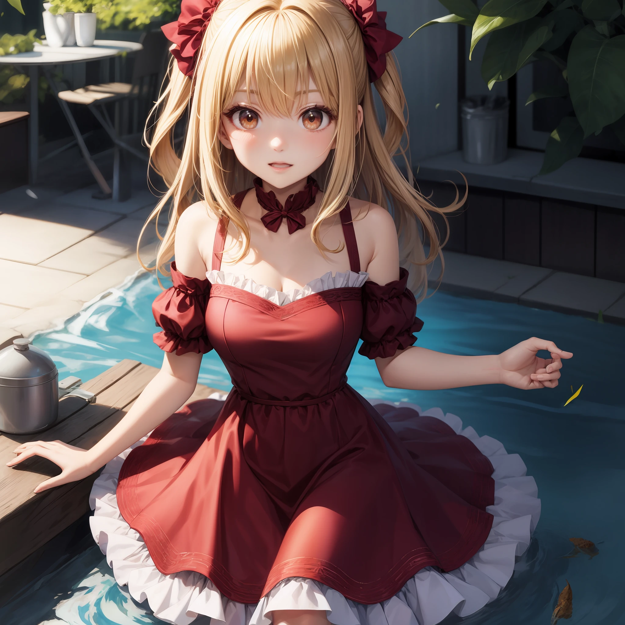 animated cartoon、One beautiful blonde girl、Red-eyed、Fluffy dresses