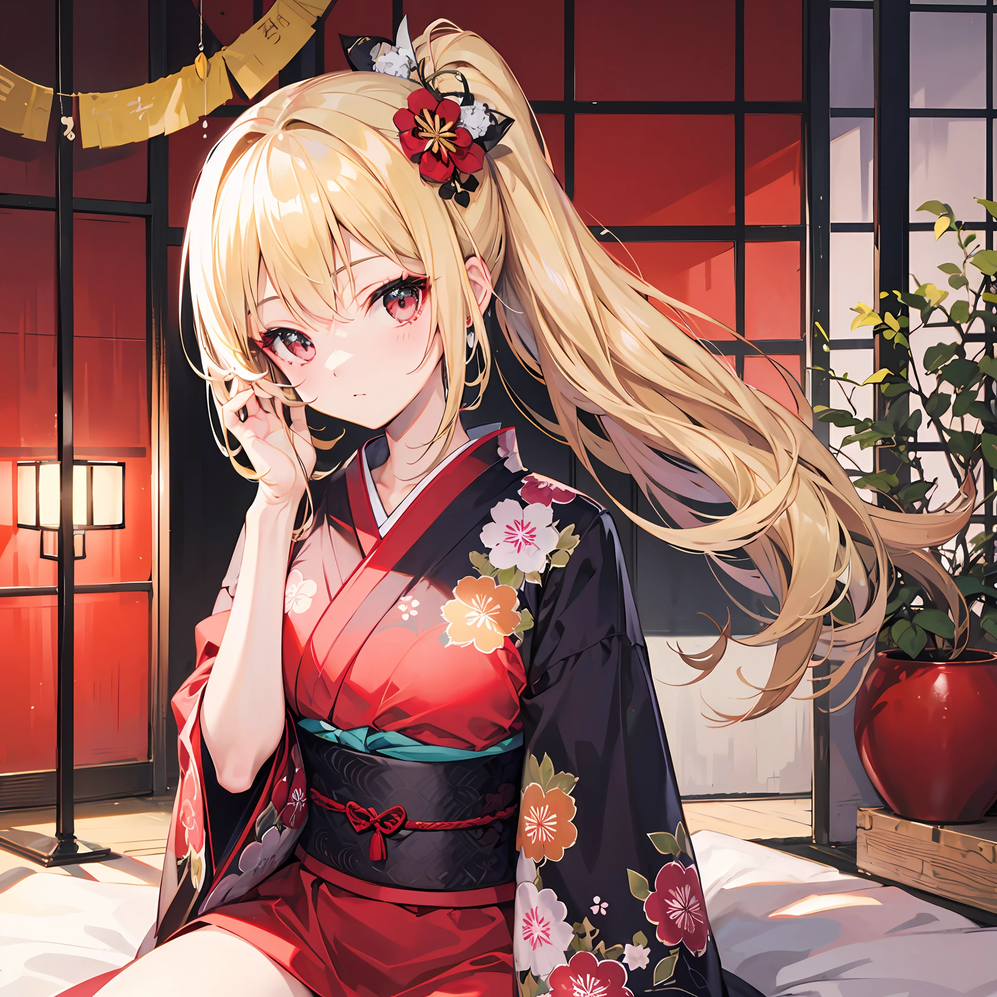 One blonde girl、Red-eyed、kimono
