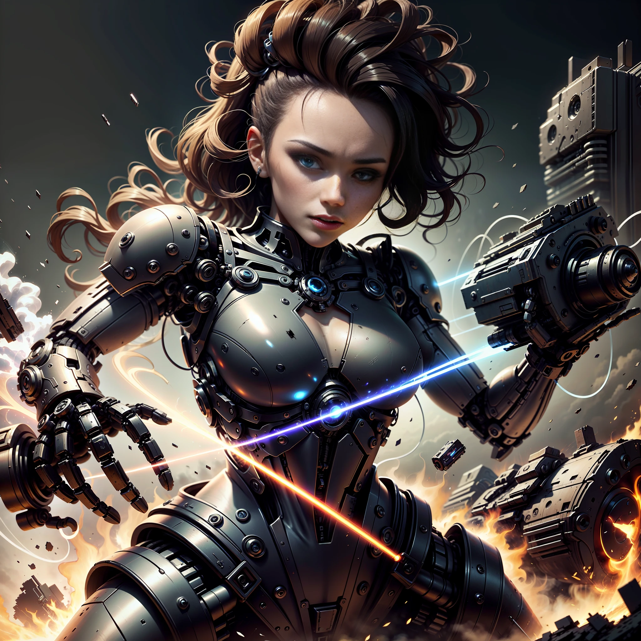 Black mechanical girl,Handsome,Bobbed hair,sideface,The eyes are sharp,Upper body body,Two-handed laser cannon,Lips slightly open,The face is real,Mechanical wreckage in the background --auto