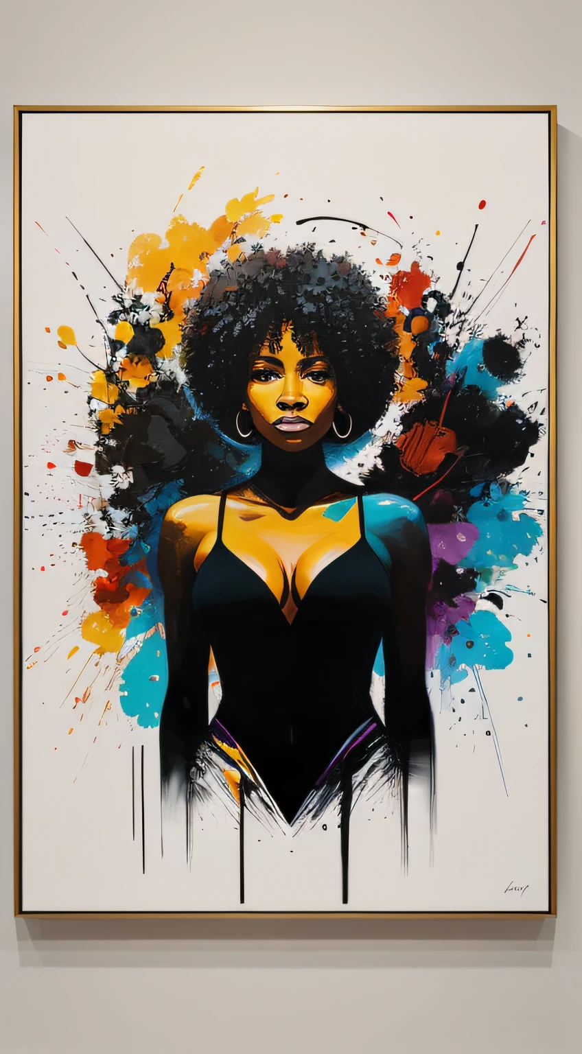 An abstract depiction of a black woman, showcasing her strength and resilience through dynamic brushstrokes and bold colors. The artwork exudes a sense of power and determination, representing the indomitable spirit of black women. This style is suited for a contemporary and empowering wall art piece.