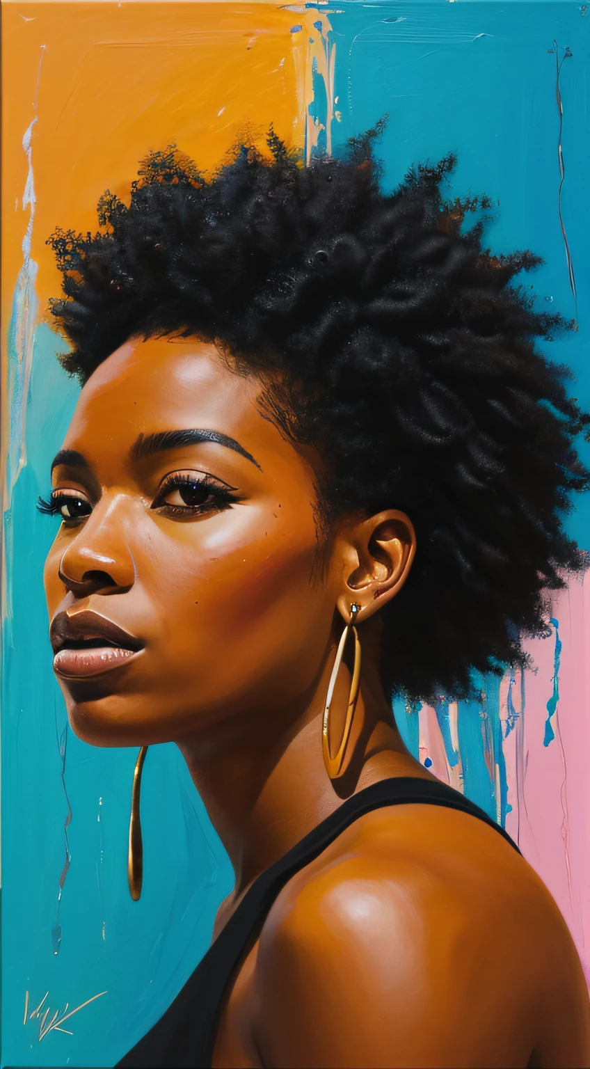 An abstract depiction of a black woman, showcasing her strength and resilience through dynamic brushstrokes and bold colors. The artwork exudes a sense of power and determination, representing the indomitable spirit of black women. This style is suited for a contemporary and empowering wall art piece.