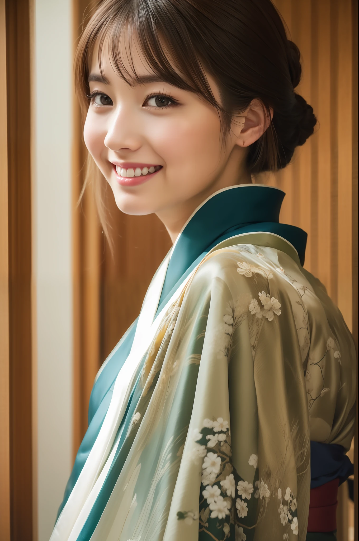 beste-Qualit、Face Focus、(depth of fields)、Super-High Resolution、Raw photography、(portlate:1.4)、(From Side:1.2) 、独奏、(A smile)、(Brown-eyed)、detailed beautiful faces、(short-hair)、(Silk kimono:1.4)、kyoto