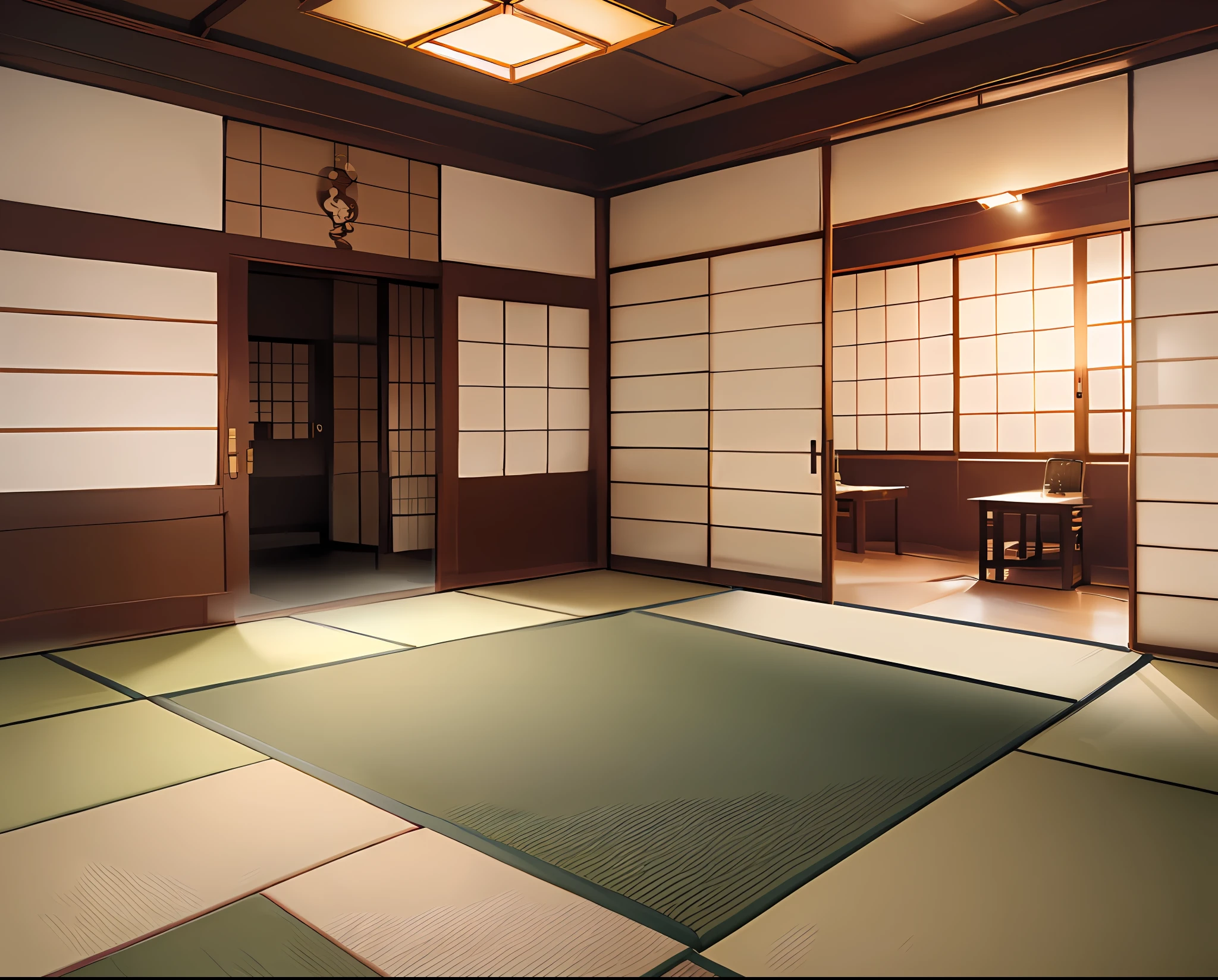 there is a room with a tata screen and a table, tatami galaxy, by Taiyō Matsumoto, in a dojo, by Gusukuma Seihou, by Shūbun Tenshō, japanese house, Japanese style, inspired by Kanō Shōsenin, inspired by Sesshū Tōyō