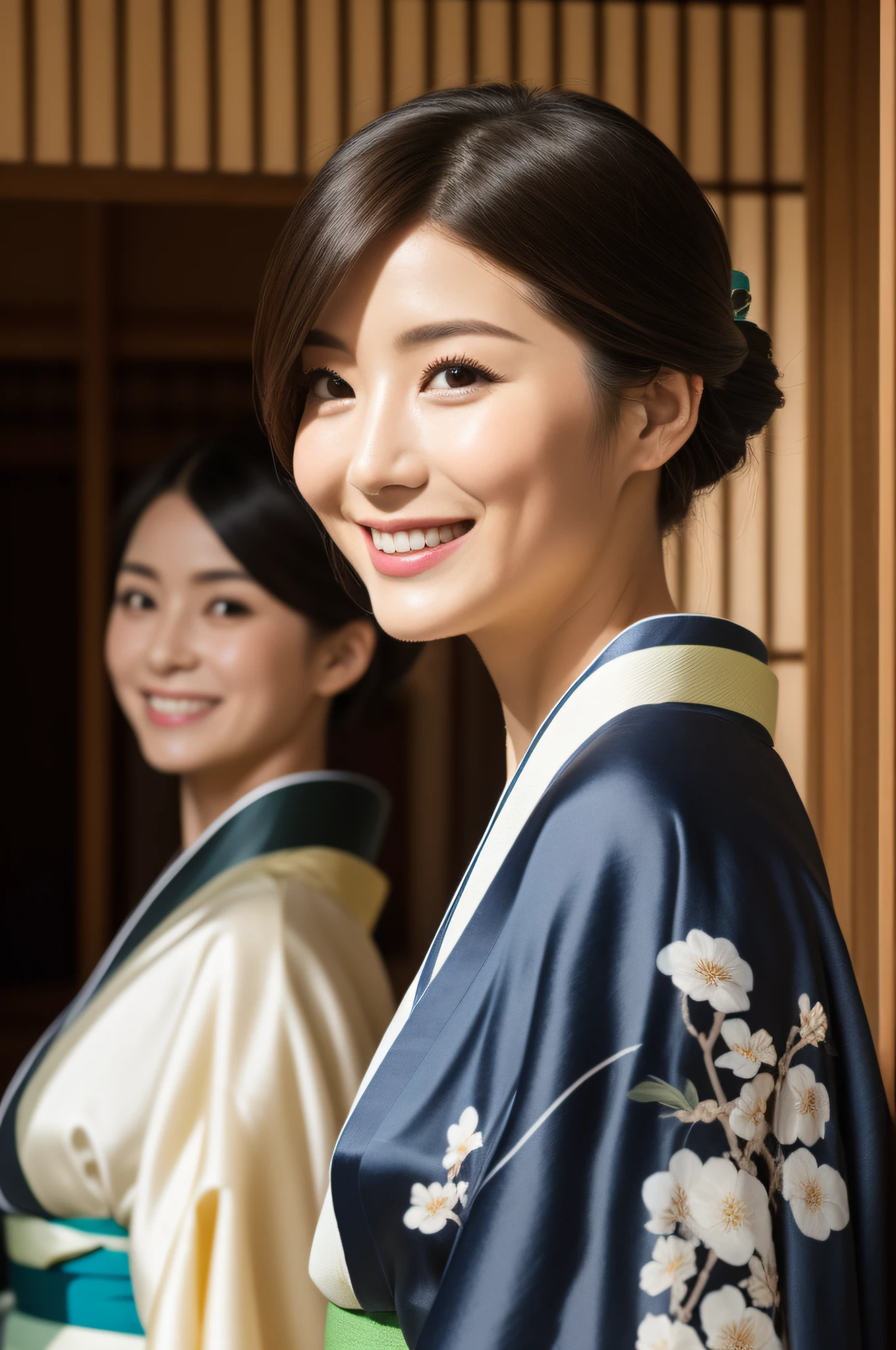 beste-Qualit、Face Focus、(depth of fields)、Super-High Resolution、Raw photography、(portlate:1.4)、(From Side:1.2) 、独奏、(A smile)、(Brown-eyed)、detailed beautiful faces、(short-hair)、(Silk kimono:1.4)、kyoto