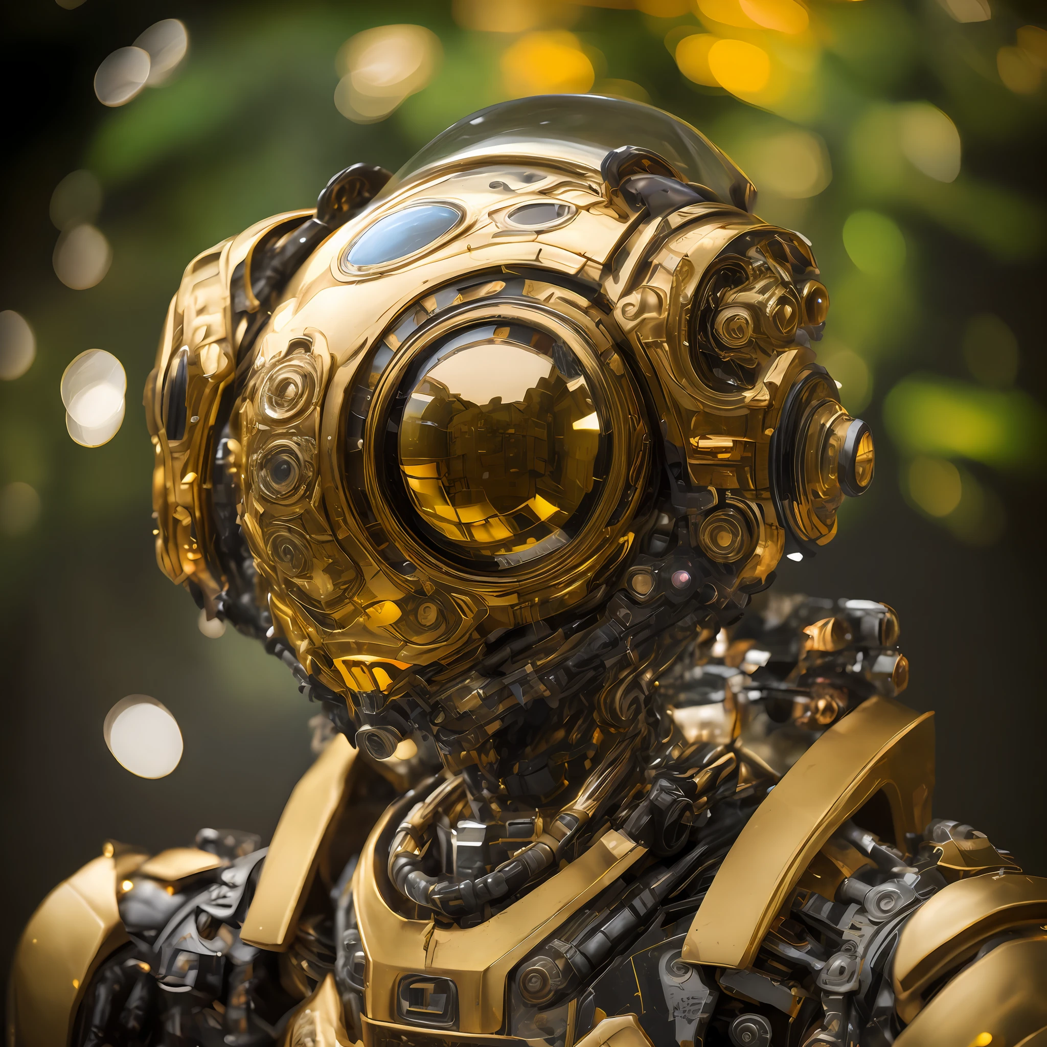 A full photo of transparent gold worn mech suit, one central lenticular eye, one big central eye, ((light bokeh)), intricate, ((translucent) liquid water [rust]), elegant, sharp focus, photo by greg rutkowski, soft lighting, vibrant colors, masterpiece, ((dark jungle)), detailed face