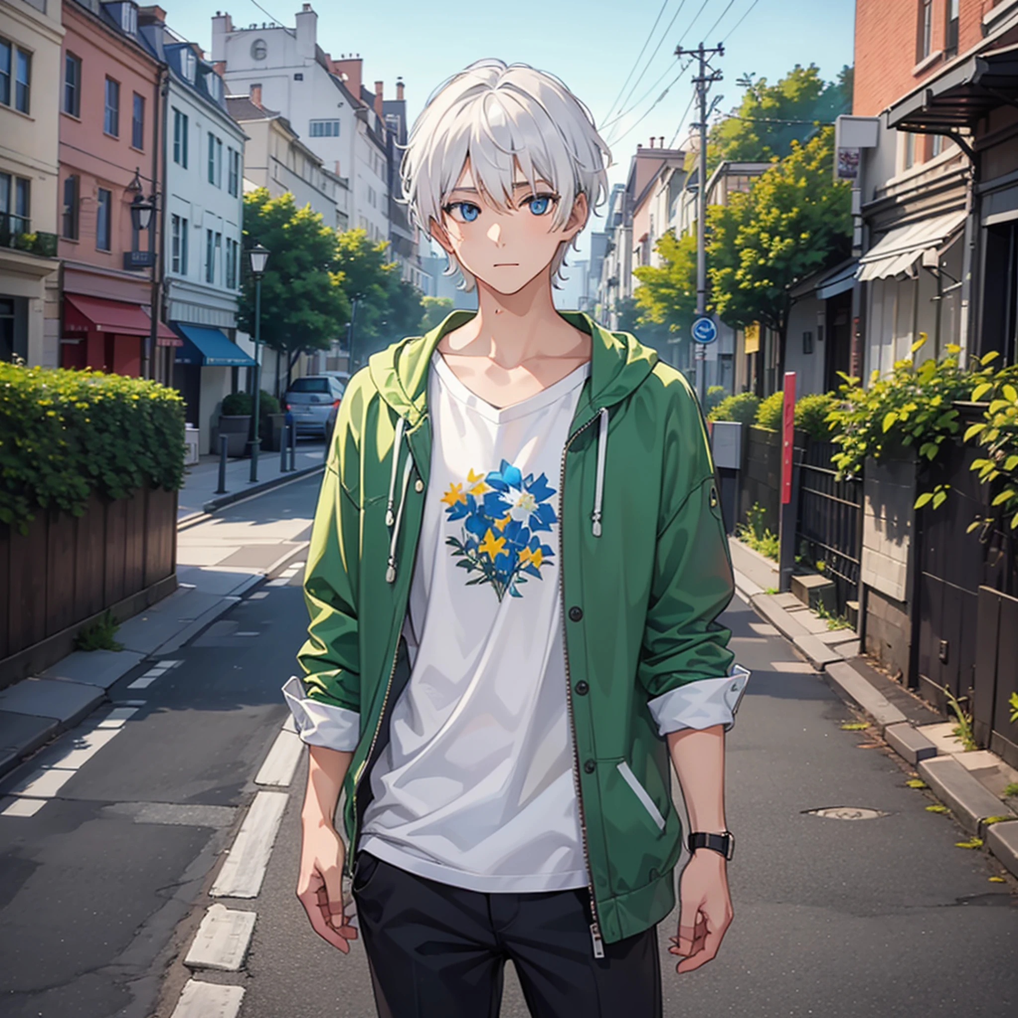 1 boy, white hair, blue eyes, full body picture, standing in front, casual dress looking straight ahead, green background, high detail, high resolution, solid color background