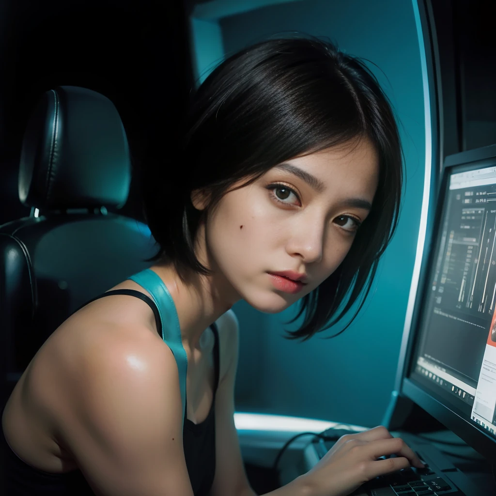 snthwve style, guatemala, RAW photo, a 21-year-old guatemalan woman with cyan and turquoise colored short hair, short hair, perfect face, complex skin features, cybernetic, (neon light:0.3), cyberpunk outfit, computer art, movie stills, 35mm film scan, 8mm film grain, 8k, high detail skin, skin pores, intrincated skin texture, moles in body skin, subsurface scattening, sub surface scattening, ambient occlusion, natural, harmonious composition, warm tones, fine art photography,