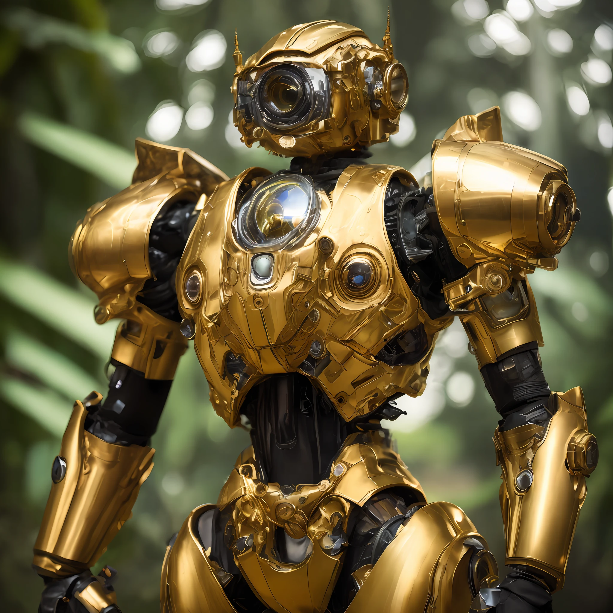 A full photo of transparent gold worn mech suit, one central lenticular eye, one big central eye, ((light bokeh)), intricate, ((translucent) liquid water [rust]), elegant, sharp focus, photo by greg rutkowski, soft lighting, vibrant colors, masterpiece, ((dark jungle)), detailed face