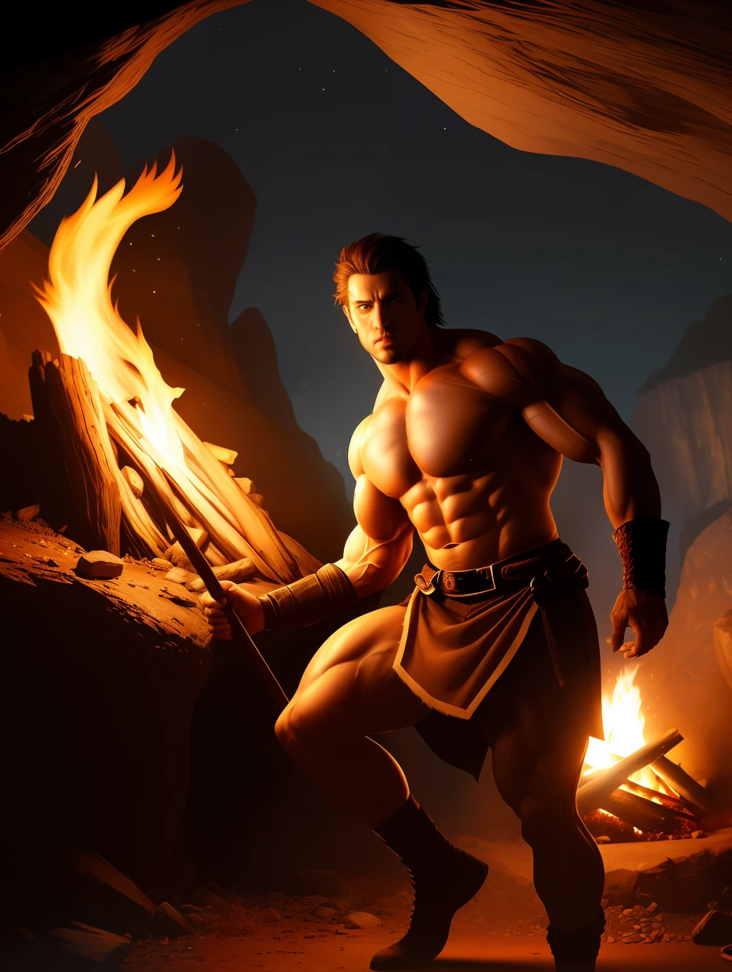 (1boy) (male) ((front view)) ((figure fills frame)) ((facing viewer)) Insanely Handsome, very detailed flawless face, detailed open eyes, very handsome, epic, heroic, (muscular) bodybuilder, ((big muscles)), ((large pectorals)), narrow waist, short messy hair. ((hairy chest)), ((hairy legs)). Wearing fur loin cloth, carrying a wooden spear. Emerging from a (partially dark cave) entrance. It is (night), the only source of light is a large campfire out of view. Highly detailed fantasy art, dramatic volumetric light, artstation, beautiful modern fantasy illustration.
