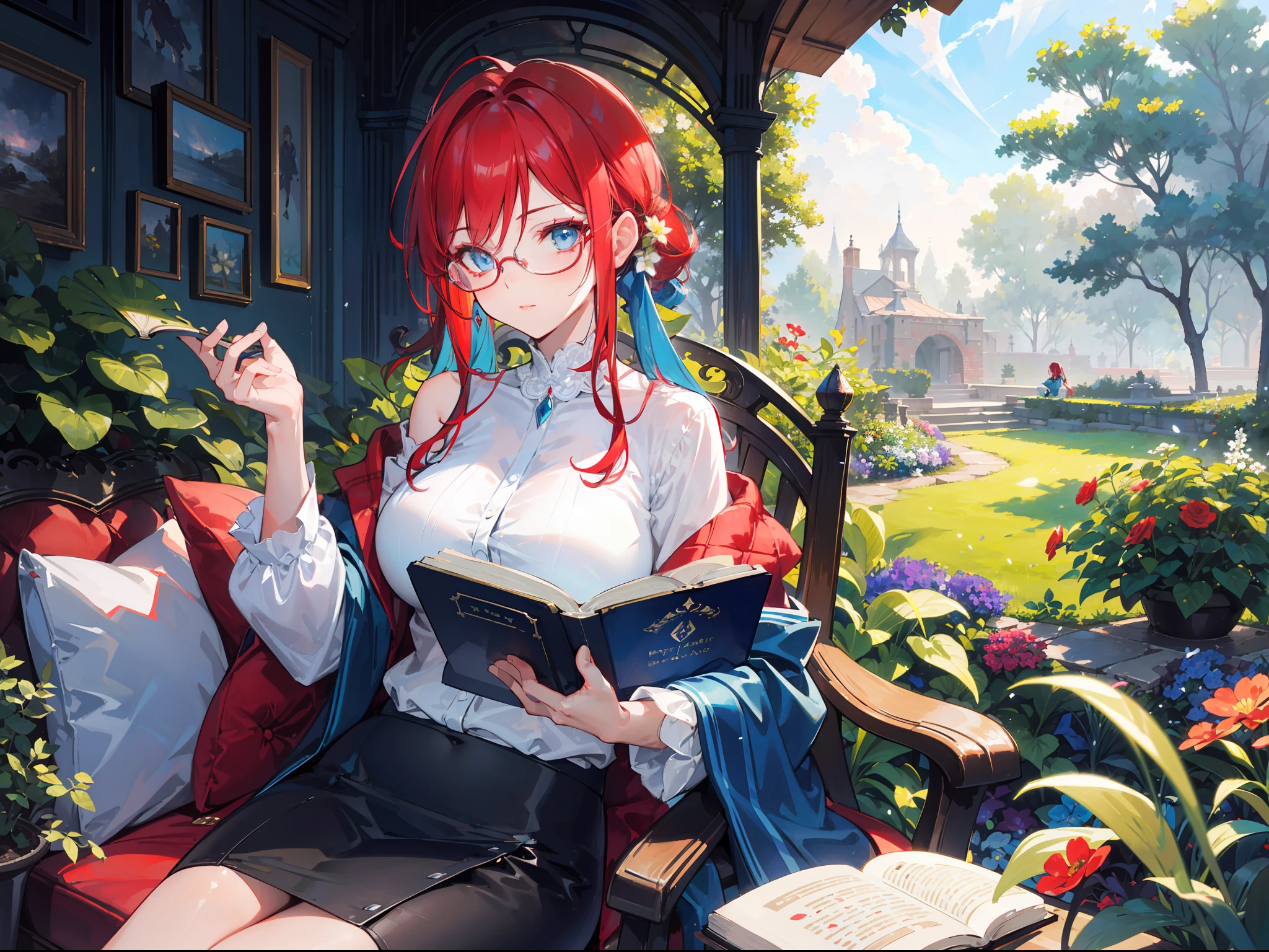 "Epic morning garden atmosphere, stunning 4k artwork featuring a confident mature woman wear glasses and long flowing vibrant red hair tied and resting on the shoulder. Her captivating, glowing blue that illuminate the scene. She sat elegantly and holding a magic book, she so charming"