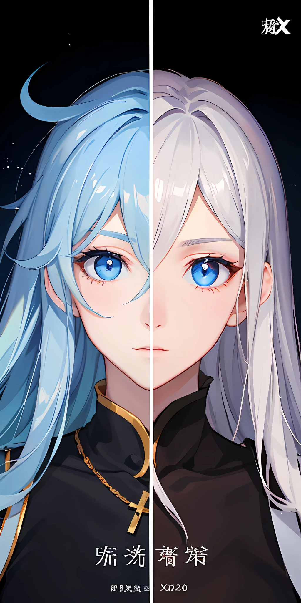 a close up of a person with blue eyes and a pair of donuts, an album cover inspired by Zhang Han, trending on pixiv, tachisme, 2 8 mm color, light blue piercing eyes, yanjun cheng, Cai Xukun's, roundly eyes, grey contacts, Sky blue eyes, Light blue eyes, 2 0 2 0 fashion