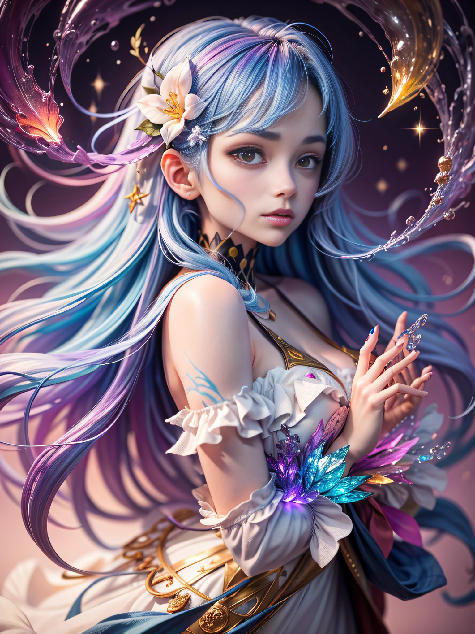 Beautiful girl story wrapped in love, Beautiful eye details, A captivating anime girl gracefully emerges from the pages of a watercolor painting, Her vivid and complex colors are、Bring your artwork to life, She dons an extraordinary fantasy costume adorned with delicate details, reflecting the enchanting world she inhabits, Luminescent elements, like glowing crystals and ethereal wisps, surround her, casting a soft, otherworldly glow, The style of watercolor painting is、Imbues the image with a sense of fluidity and delicacy, as if the colors are effortlessly blending and bleeding into one another, Camera shot: medium shot, Soft Focus, luminescent glow Lighting, watercolor brushstrokes, Sophisticated and very delicate anime illustration, unique colors, Portrait of an anime girl, infinite love, rainbow-colored, beautiful girl illuminated by seven colors of light,