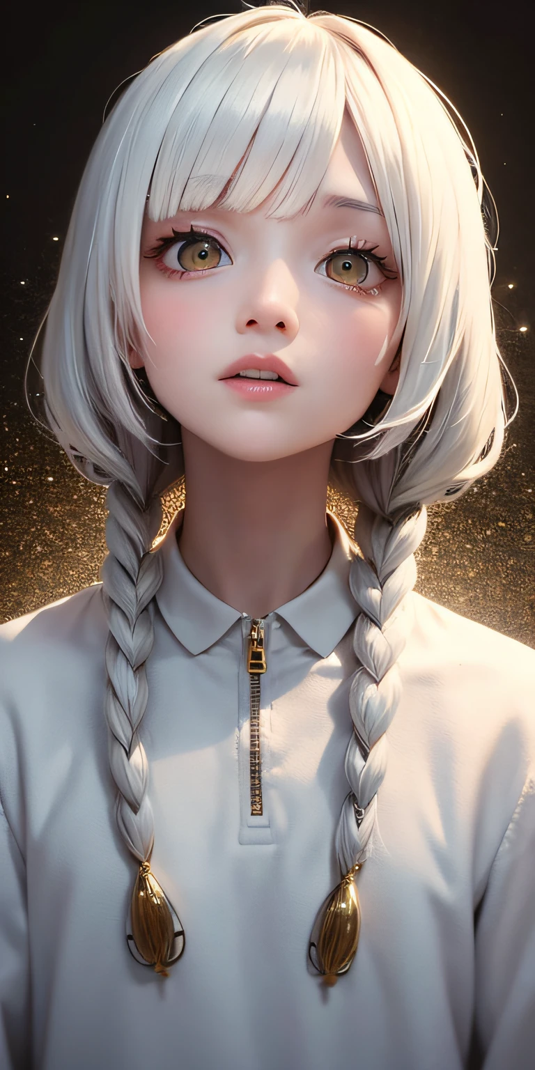 best quality, masterpiece,white hair, gold eyes,white clothes, looking up, upper body,hair strand,Fair skin,side braids