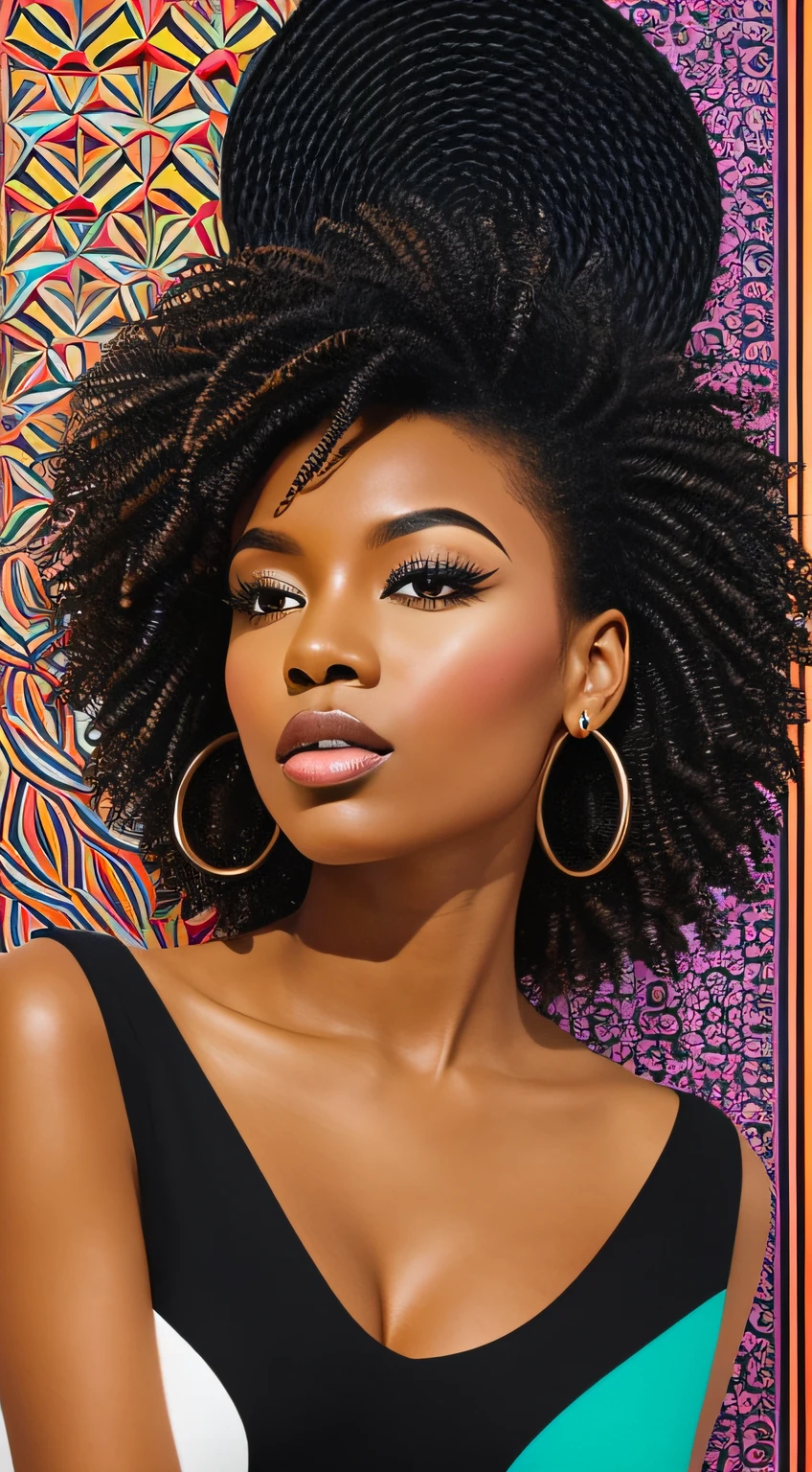 An image of a black woman depicted in vibrant geometric patterns, symbolizing her uniqueness and individuality. The artwork combines bold shapes and contrasting colors to create a visually striking composition. This style is ideal for a modern and eye-catching wall art piece.