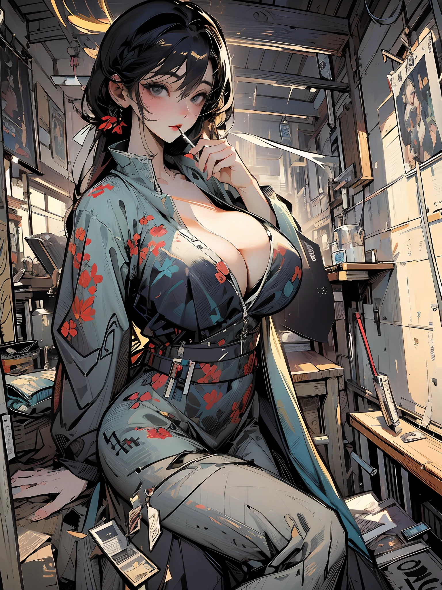 巨作, Best quality, comic strip,1girl huge large breasts, Breast-Large, Smoking,