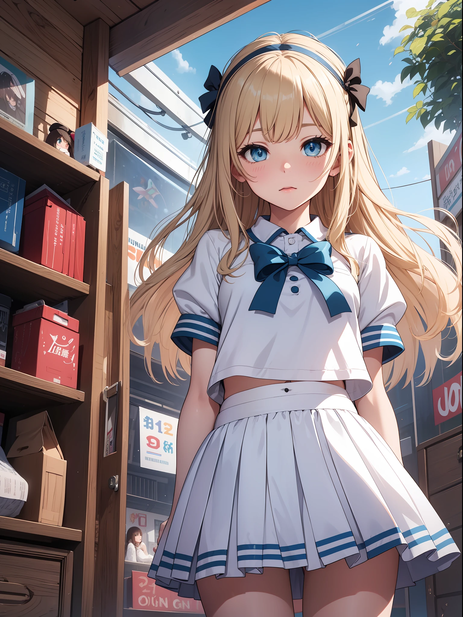 Top quality ultra-detailed CG art、Single、a blond、Blue eyes、Infant body type、16 yrs old、Mini skirt in light blue color、(White panty:1.2)、Embarrassed face、cheer girl、jumpping、stage、
