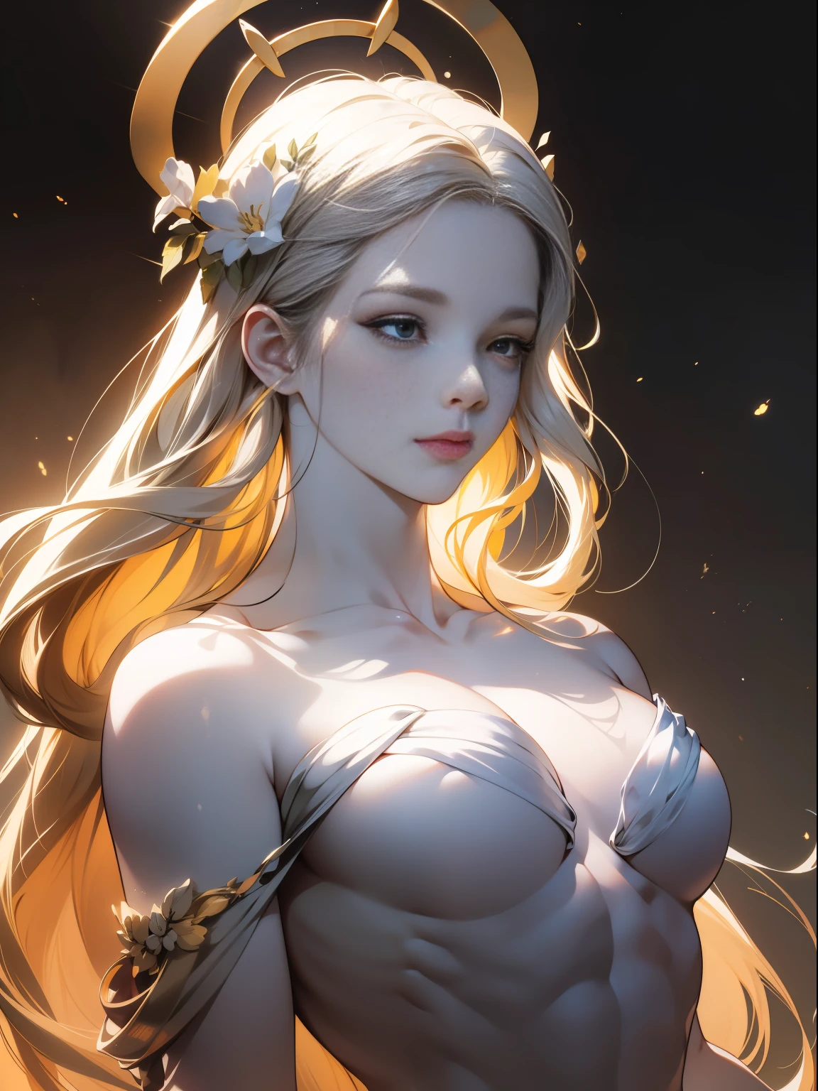 Marble statue of the goddess of the moon、busts、Pure white marble statue without coloring、long hair put together、Neat face、long eyeslashes、Detailed eyes、Detailed eye、detailed face with、Veils and cloakrooms、​masterpiece、BREAK golden halo、Plain black background、Exhibition Lighting、spot light、High contrast、Detailed shading、Cinema tick writing、photoRealstic、beste-Qualit、Top image quality