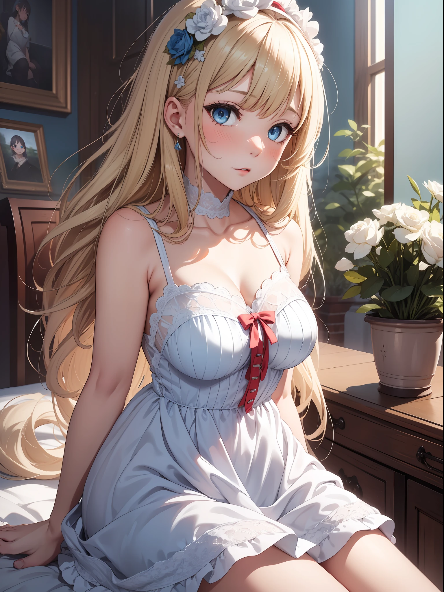 Top quality ultra-detailed CG art、Single、a blond、Blue eyes、In body type、16 y、Light blue dress、（White panty:１.２）、red blush、white sock、Face humiliated、sprawl、