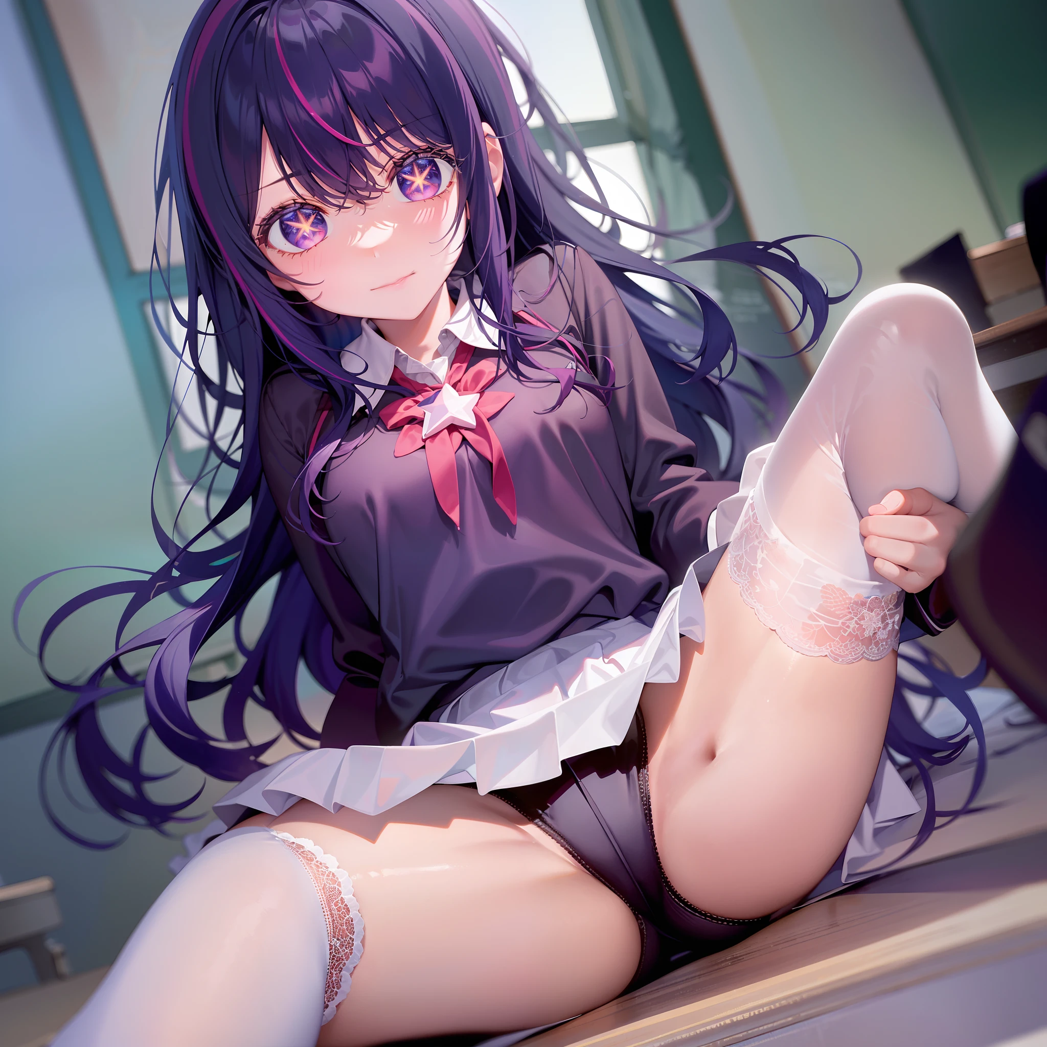 A girl with，‎Classroom，There is a five-pointed star in the eye，Long purple hair，school  uniform，white stockings