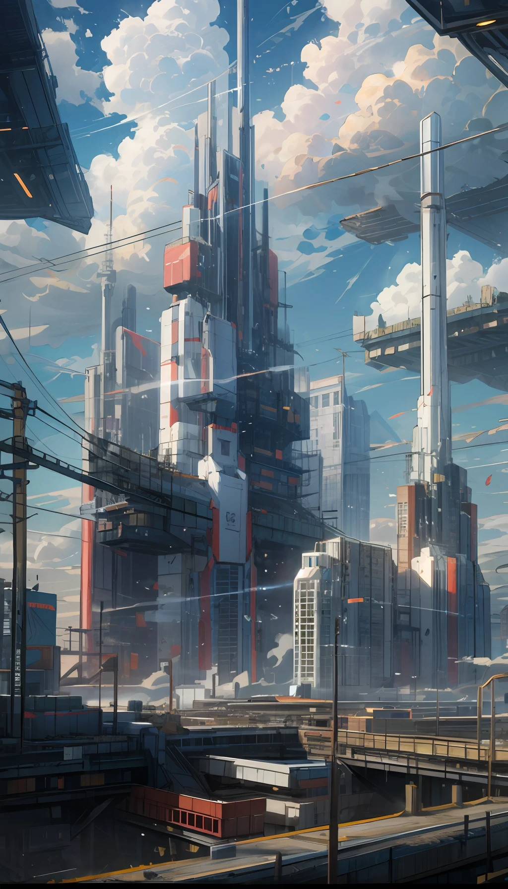 Sky, Clouds, holding_weapon, no_humans, Glow, Robots, Architecture, Science Fiction, Cities, Reality --v6
