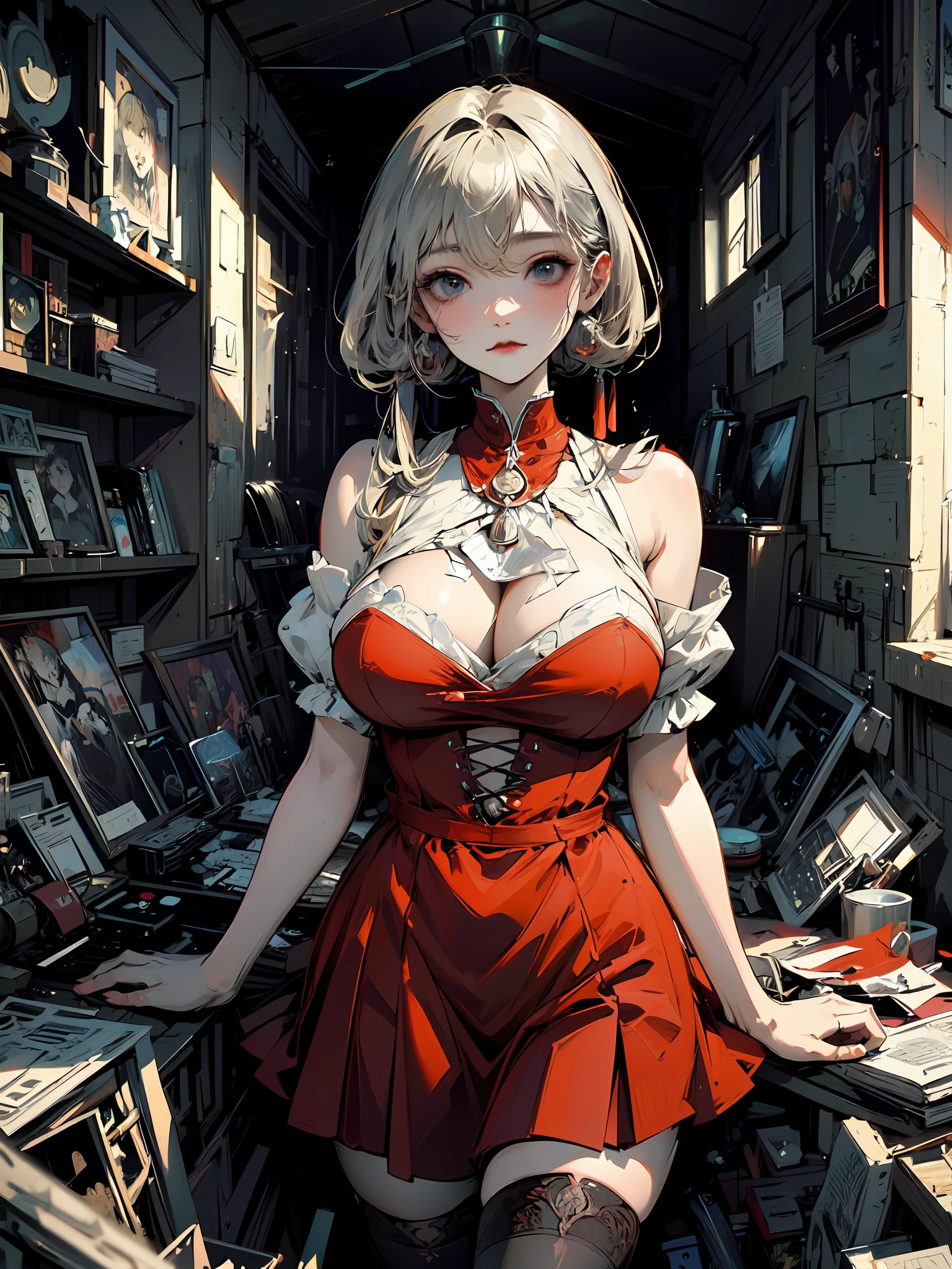 巨作, Best quality, comic strip,1girl huge large breasts, Breast-Large, Smoking,dynamic view, The wide-angle,Cowboy shot, beautiful emphasizing on face and eyes, sweetly detailed,intricate scenery, Contrast,[Rust,Silver,blood],professional coloring,sumptuous artwork,artistic representation of devastation, twisted romantic aesthetic,(illustration,extremely precisely drawn:1.2), A high resolution,Best quality