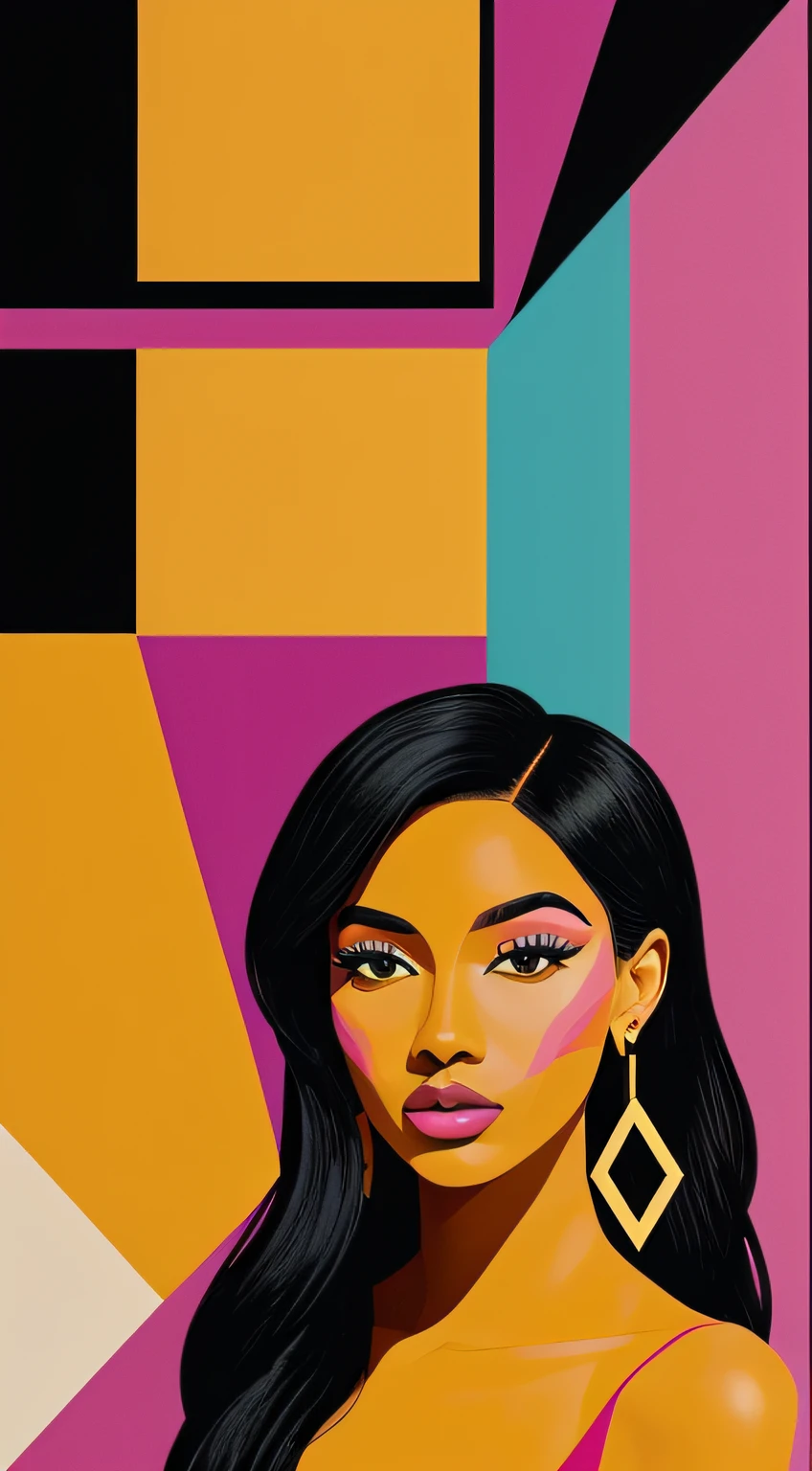 An image of a black woman depicted in vibrant geometric patterns, simbolizando sua singularidade e individualidade. The artwork combines bold shapes and contrasting colors to create a visually striking composition. This style is ideal for a modern and eye-catching wall art piece.