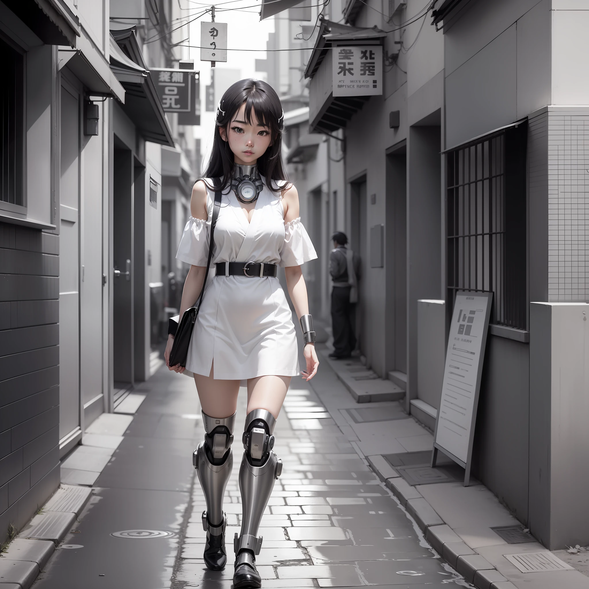 Quadrinho 1:
(Ayumi is walking down the street, with gleaming cybernetic limbs)
Fale sobre Ayumi: I wonder if I'll ever find someone who accepts me as I am... (Solitude)    The image in the manga style in white and white. anime