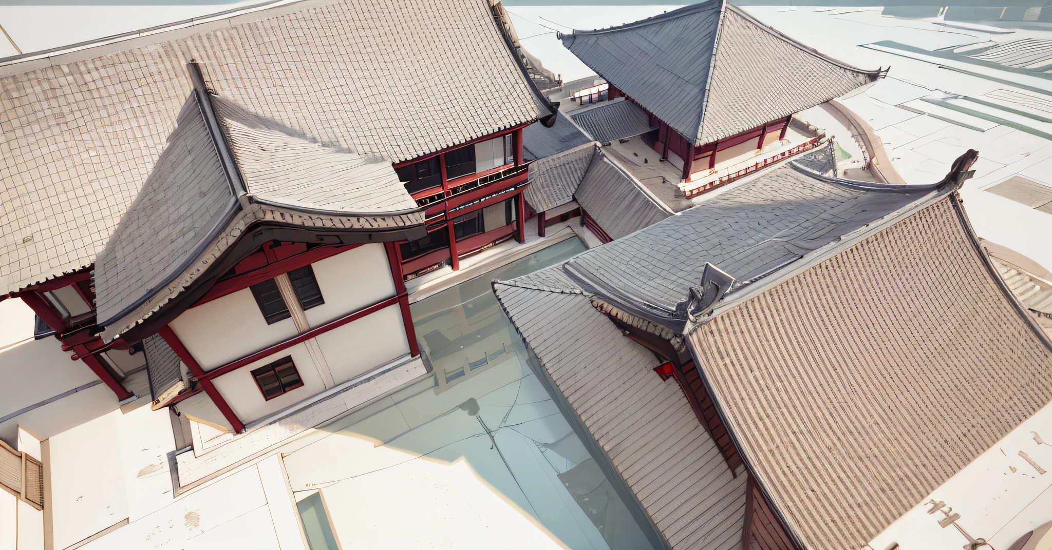 anime artwork,Close-up of the building,There is a pond in front, There are architectural reflections in the water,Beautiful rendering of the Tang Dynasty, Ancient Chinese architecture, Chinese architecture, 3D architecture, Ancient Japanese architecture, iso-distance view, Tang Dynasty Palace, digital model, A digital rendering, buddhist architecture, isometric view from behind, 3/4 view, 3 / 4 view