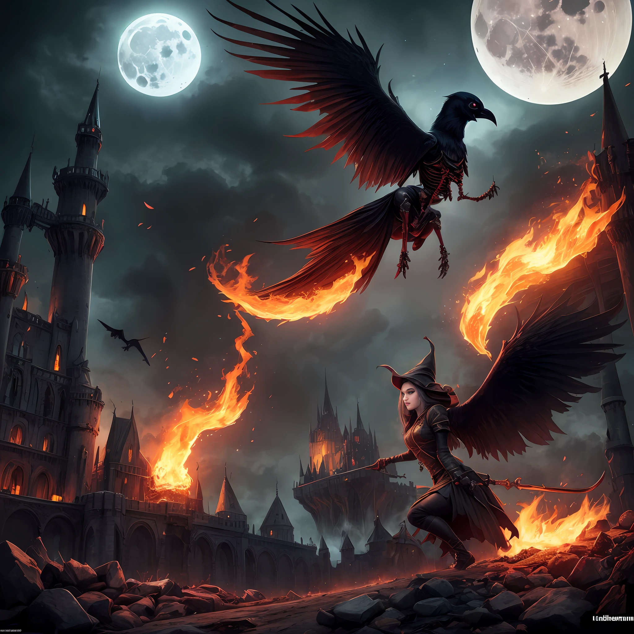 witch with a crow flying over a castle with a full moon, dark fantasy style art, dark fantasy artwork, Stylized urban fantasy artwork, epic fantasy artwork, dan mumford tom bagshaw, Epic fantasy digital art style, Epic fantasy style art, epic fantasy digital art, epic fantasy illustration, epic fantasy game art, abaddon and magali villeneuve