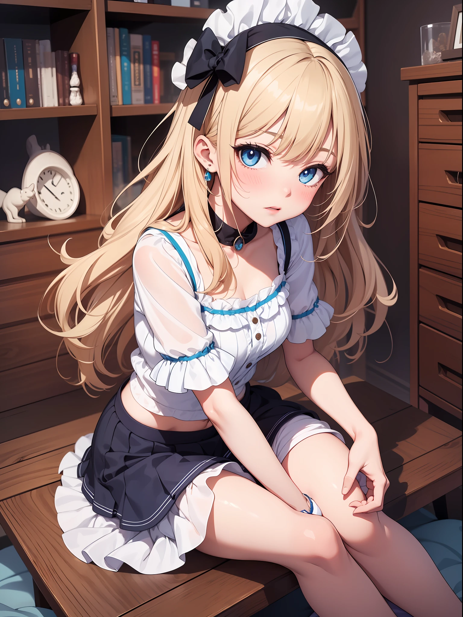 Top quality ultra-detailed CG art、Single、a blond、Blue eyes、Infant body type、16 yrs old、Mini skirt in light blue color、（White panty:1.2）、red blush、Idol、