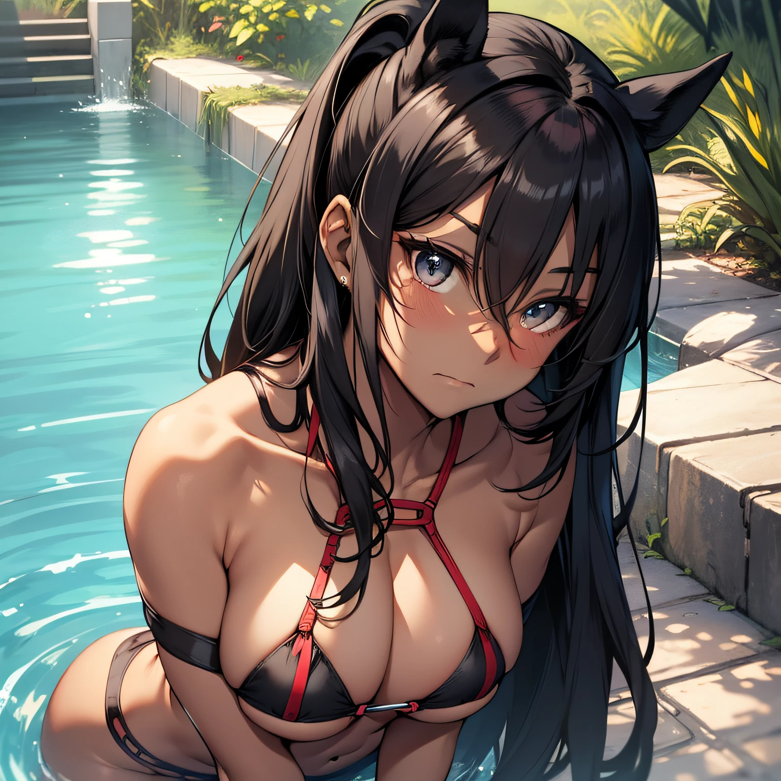 beste-Qualit、(1girl:1.1)、(nsfw)、super detailed skin、Horse ears、pool、((30 old year))、((beautiful face))、(tall)、toned body type、
((without underwear))、((no shirt))、((No jacket))、((no ornaments))、
looking at viewer、(breast focus)、(front view:1.5)、ccowboy shot、
(((arched back)))、(((bent over)))、breast hold、
high-leg swimsuit\(((((high cut:0.1\)))))\(side-tie\)\((Simple thin bra strap\))\(Thong\)\(A black\)\(Small fabric area\)\(Does not crumble\)、
((very large round breasts with tension,:2.0))、(underboob:1.9)、(sideboob:1.9)、(cleavage:1.9)、
(abs:0.3)、(Rectus abdominis muscle:0.3)、((six pack abs:1.2))、((slender:1.8))、(narrow waist:1.8)、navel、((Lower belly exposure))、((Shoulders exposed))、((Neck exposure))、
skin(dark skin:1.7)、stomach、pussy line、gleaming skin、small face、(collarbone:1.2)、
ponytail、flipped hair、black hair、middle hair、long hair、
embarassed expression、The eye\(Fishing eyes\)、Upper eye、
tattoo\(shoulder\)\(breastsout\)\(lower back\)、narrow waist、
(flat ass)、(hip bones:0.3)、(horse\(tail\))、
(thighs thighs thighs thighs:0.3)、 ((toes))、(sandals)
