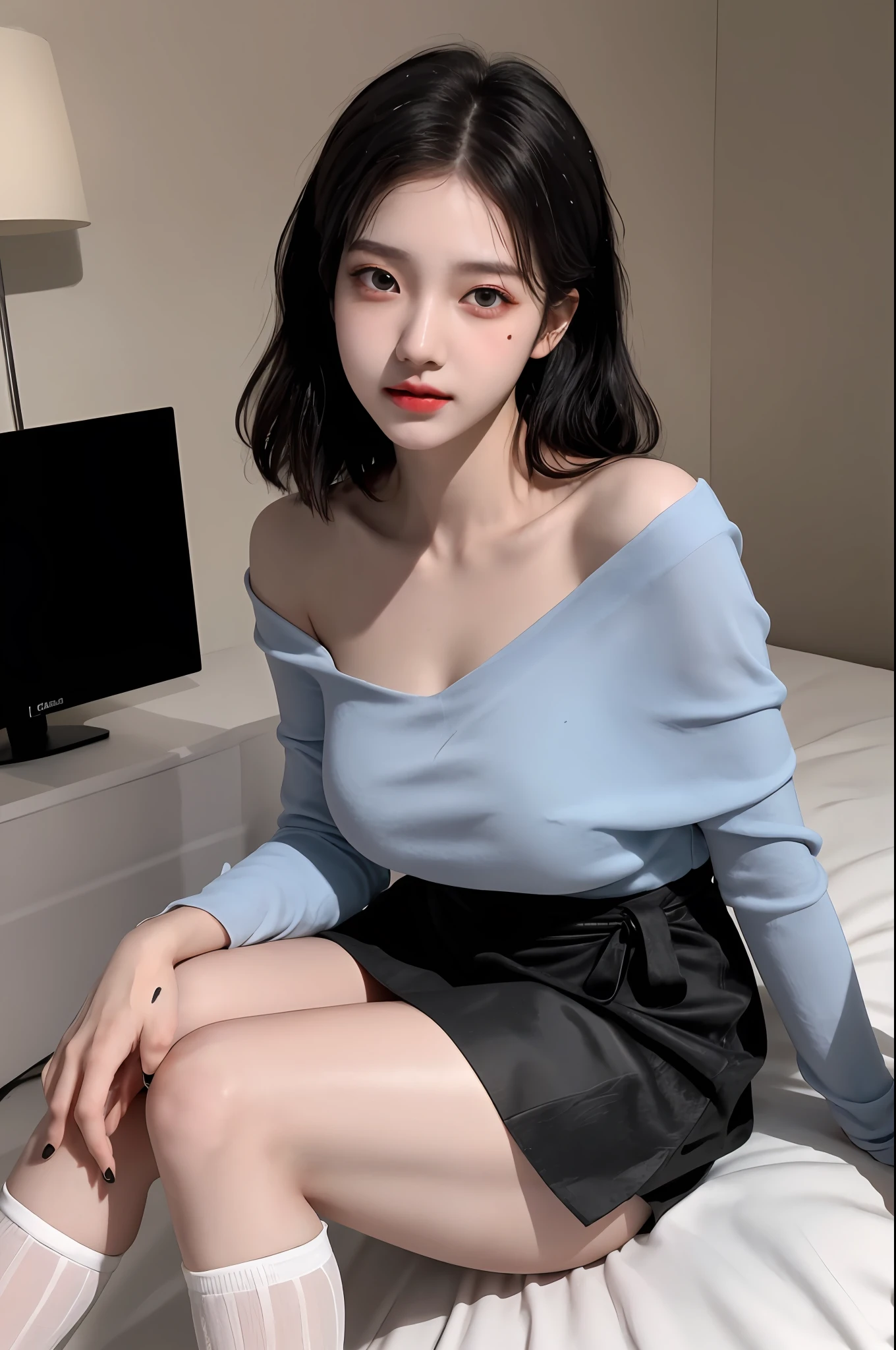 A 20-year-old girl wears a wet lace shirt and miniskirt，（（Kpop idol）），（aegyo sal：1），Large breasts，perfect breast shape，（（cameltoe）），Lie on your side on the hotel bed，exposed ass，with short black hair，paleskin，（（Puffy eyes）），Light makeup，siting on a toilet，heterochromatic eyes，tulle shawl，black lence stockings，mole under eyes，dense eyebrows，tiny small waist，Wide thighs，thigh gap，8K  UHD， digital DSLR camera， Gentle lighting， hightquality， beste-Qualit， Super-High Resolution， （realisticlying：1.4）， filmgrain，