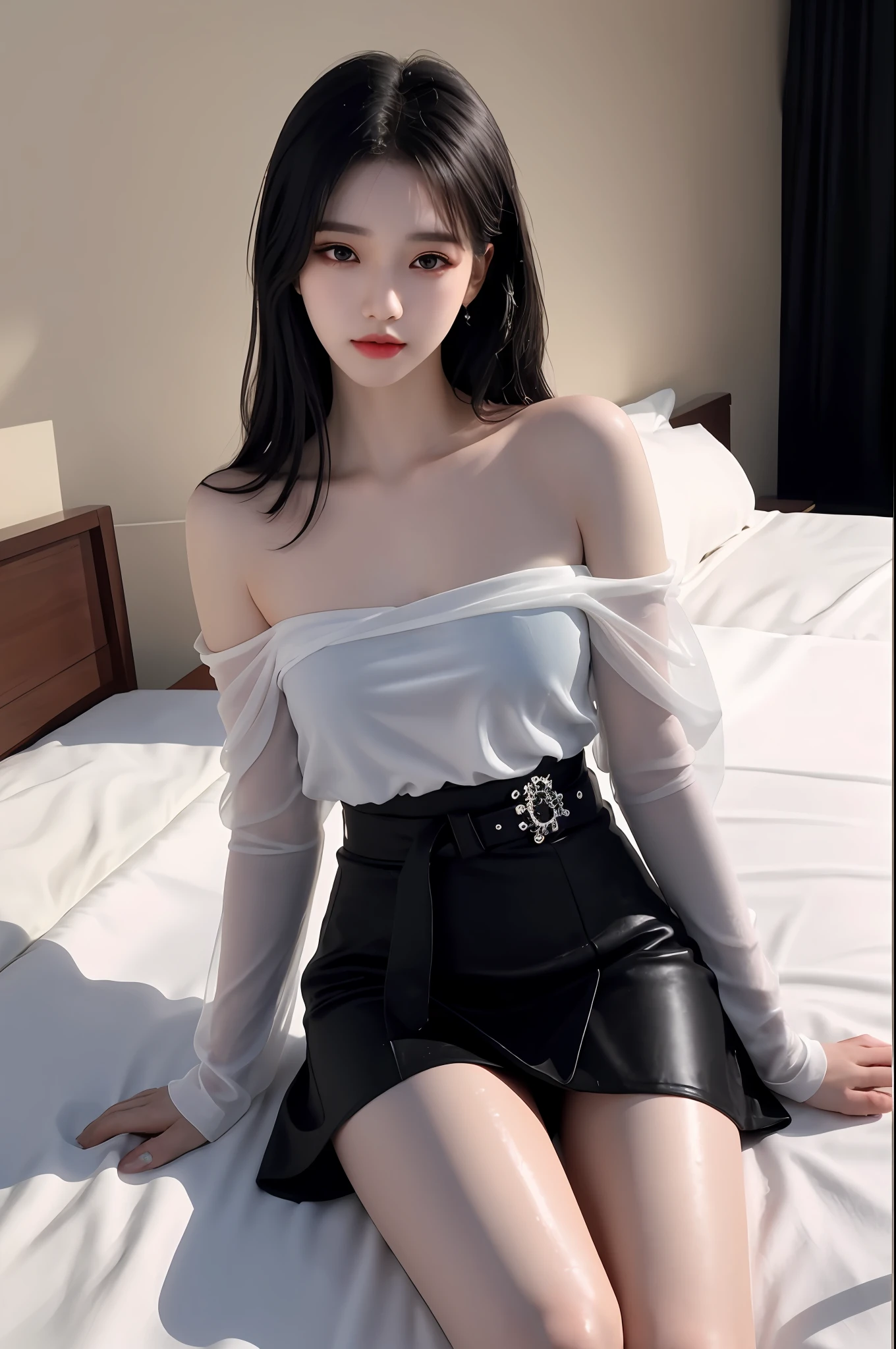 A 20-year-old girl wears a wet lace shirt and miniskirt，（（Kpop idol）），（aegyo sal：1），Large breasts，perfect breast shape，（（cameltoe）），Lie on your side on the hotel bed，exposed ass，with short black hair，paleskin，（（Puffy eyes）），Light makeup，siting on a toilet，heterochromatic eyes，tulle shawl，black lence stockings，mole under eyes，dense eyebrows，tiny small waist，Wide thighs，thigh gap，8K  UHD， digital DSLR camera， Gentle lighting， hightquality， beste-Qualit， Super-High Resolution， （realisticlying：1.4）， filmgrain，