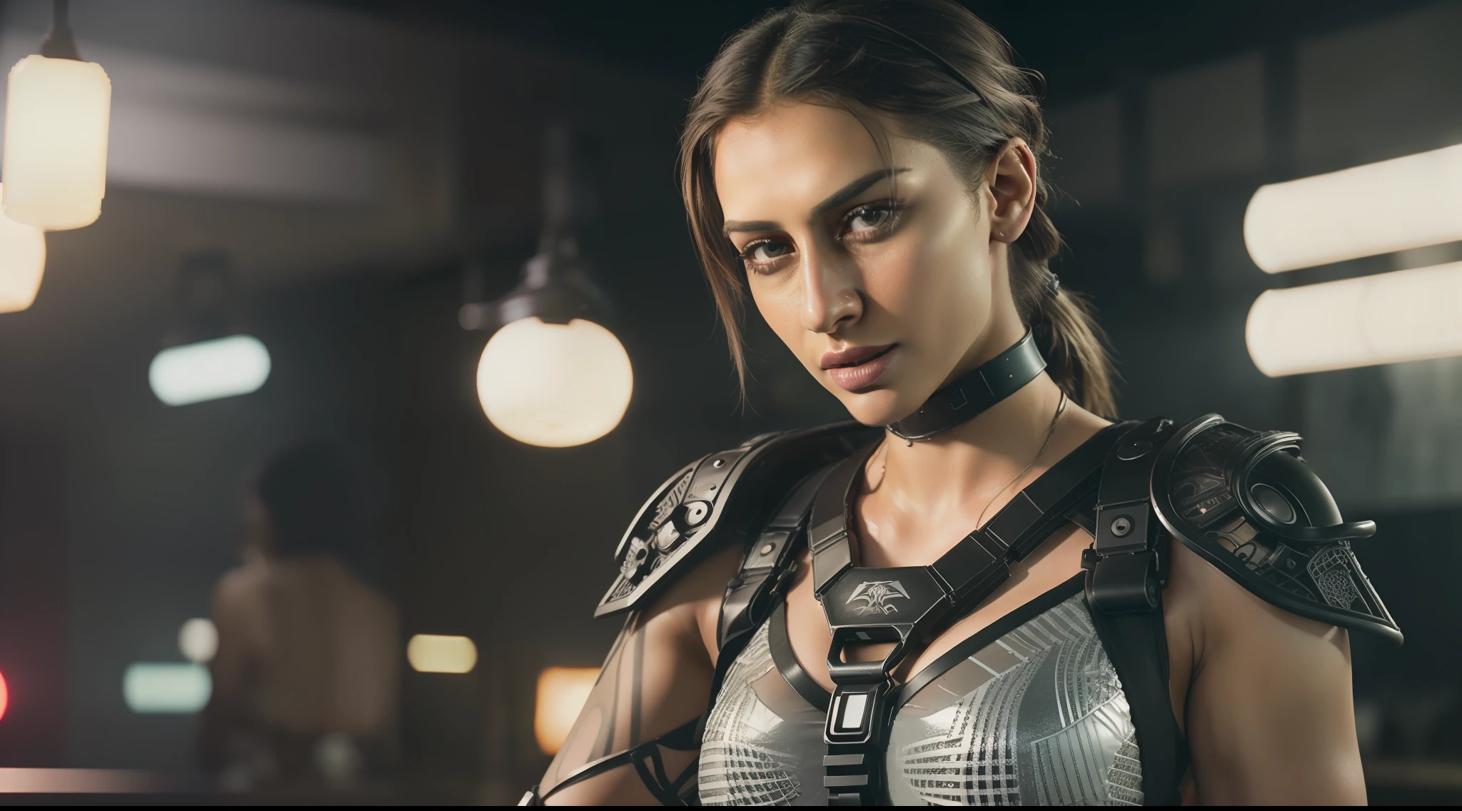 8k, ARTISTIC photography, best quality, masterpiece: 1.2), (realistic, photorealistic: 1.37), (((Rhea Ripley))) over-detailed, (high-detail skin: 1.2), 8k uhd, SLR camera, soft lighting, high quality, film grain, Arri Alexa, cinematic lighting, photonic display, brightness, physically rendered photo (80s style Aggressive Female villain in a nightclub),  ( red neon sign background lights). over-detailed face, (((Rhea Ripley))), short hair, black, cybernetics (( dressed futuristic plated Tactical Harness)), ((( plated Tactical gear )), ((( intricate outfits))), posing, a nightclub with neon lights, dark nightclub, smoking (((pure 8K))), (((perfect anatomy))), extremely high-quality graphics, Riddley Scott, Blade Runner, Denis villeneuve (((cinematic lighting))), ((clear details)), complex, highly detailed background,