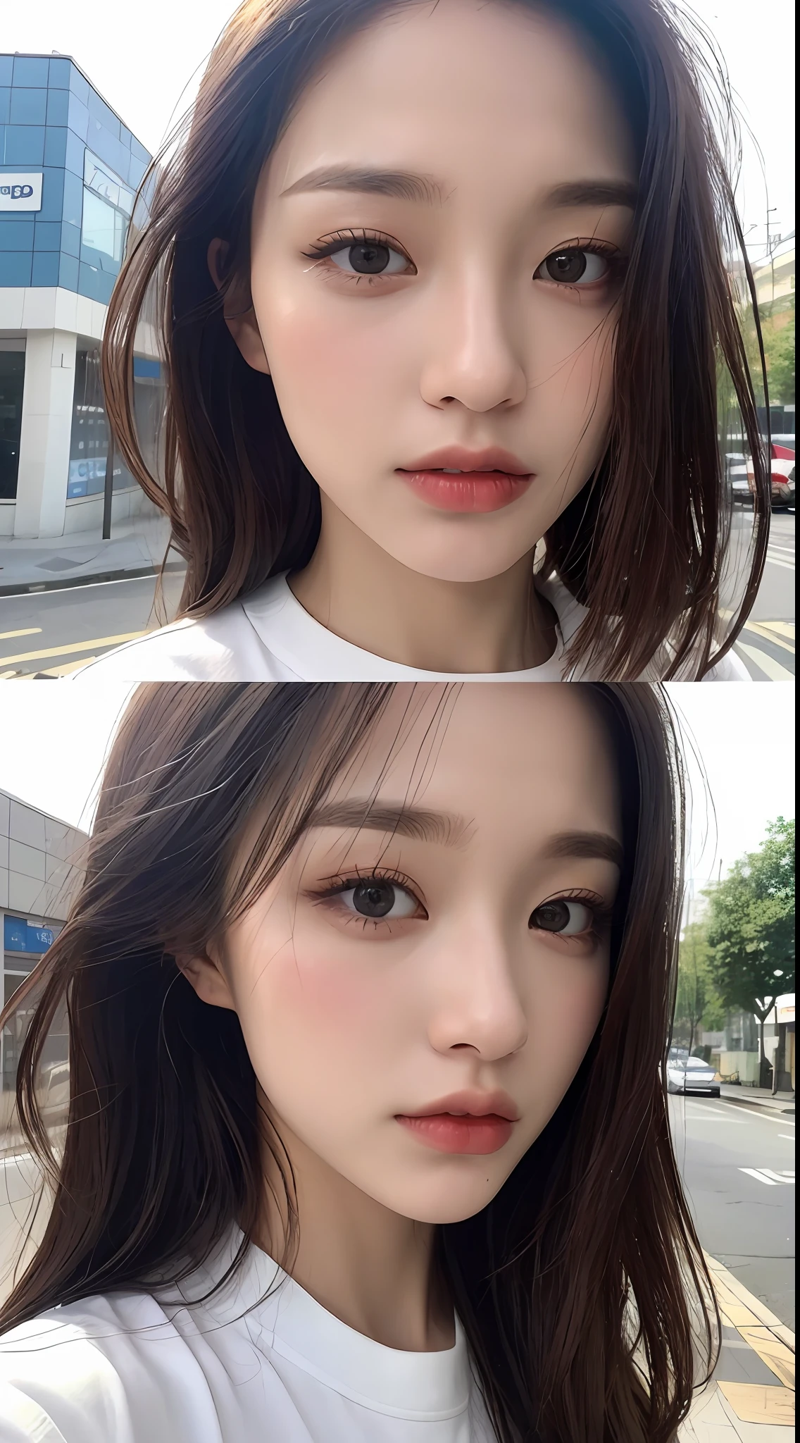 ((Best Quality, 8K, Masterpiece: 1.3)), Sharp: 1.2, Perfect Body Beauty: 1.4, Slim Abs: 1.2, ((Layered Hairstyle, Big Breasts: 1.2)), (Wet White Button Long Shirt: 1.1), (Rain, Street: 1.2), Wet: 1.5, Highly detailed face and skin texture, detailed eyes, double eyelids, side face looking at the camera