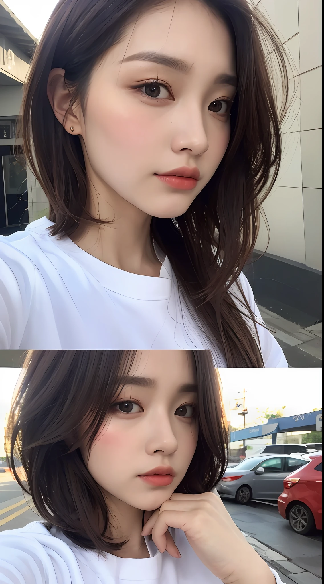 ((Best Quality, 8K, Masterpiece: 1.3)), Sharp: 1.2, Perfect Body Beauty: 1.4, Slim Abs: 1.2, ((Layered Hairstyle, Big Breasts: 1.2)), (Wet White Button Long Shirt: 1.1), (Rain, Street: 1.2), Wet: 1.5, Highly detailed face and skin texture, detailed eyes, double eyelids, side face looking at the camera