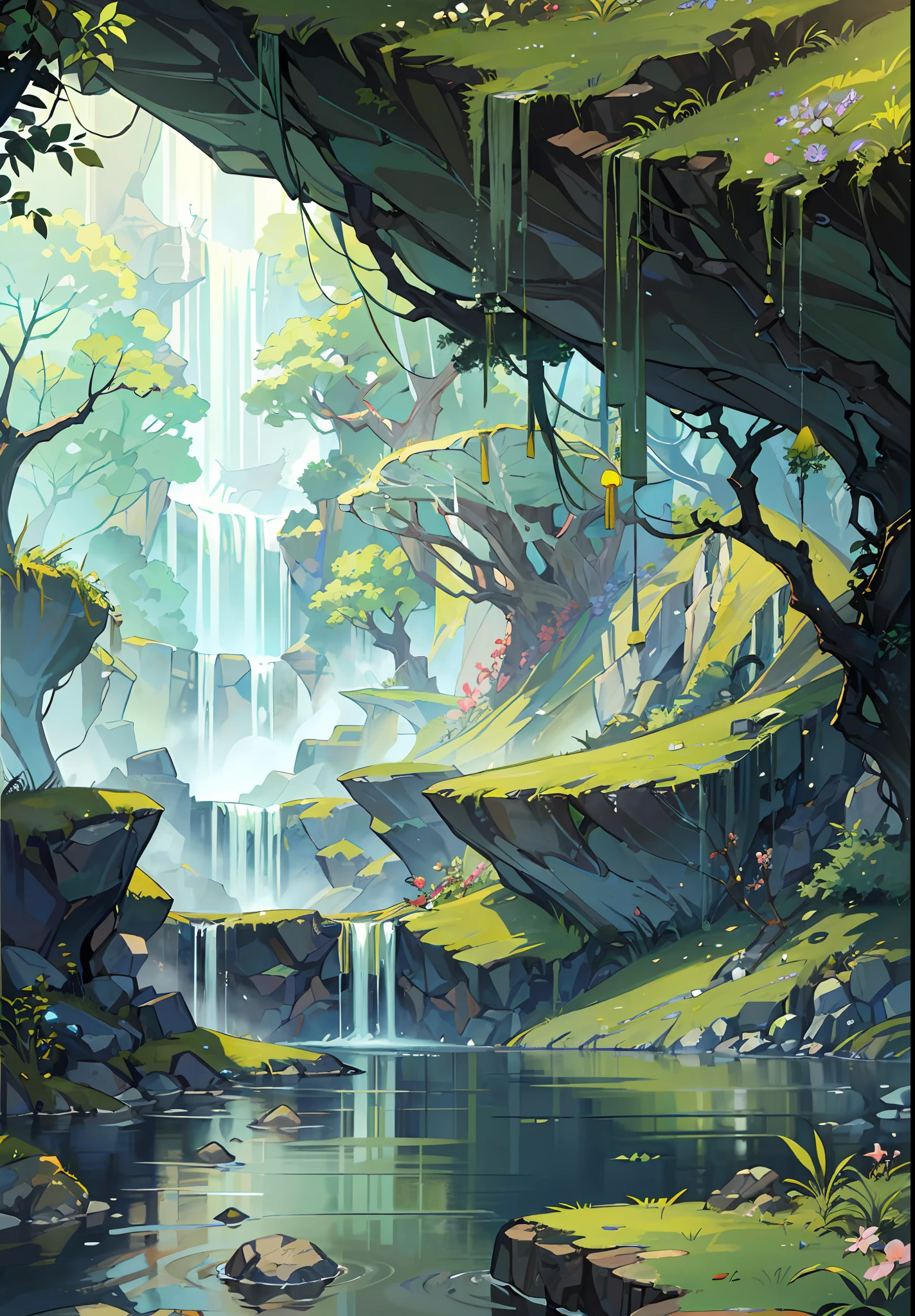 Chinese Ancient Times, springtime, Jungle, lake, cave, water fall, a tree, meadow, Rock, hot spring, water vapor, (illustration: 1.0), epic composition, Realistic lighting, HD Details, masterpiece, beste-Qualit (very detailed CG wallpaper unified 8k)