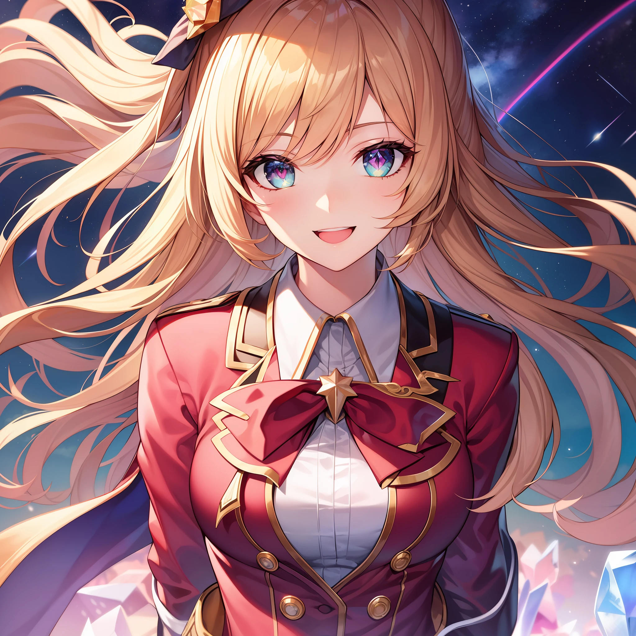 chest out, absurdres, superfine illustration,rainboweffect, highres, ultra detailed,light diffusion,highly detailed light reflection, kaleidoscope, harmonious, best shadow, highly detailed very beautiful big smile face, ;D, beautiful growing crystal diamond star pupil,look at viewer, beautiful detailed hair, solo, dynamic pose, beautiful detailed pink and black ribon, beautiful detailed High school uniform, Fantastic and the whole shines and shooting star and the wind is strong in detail background