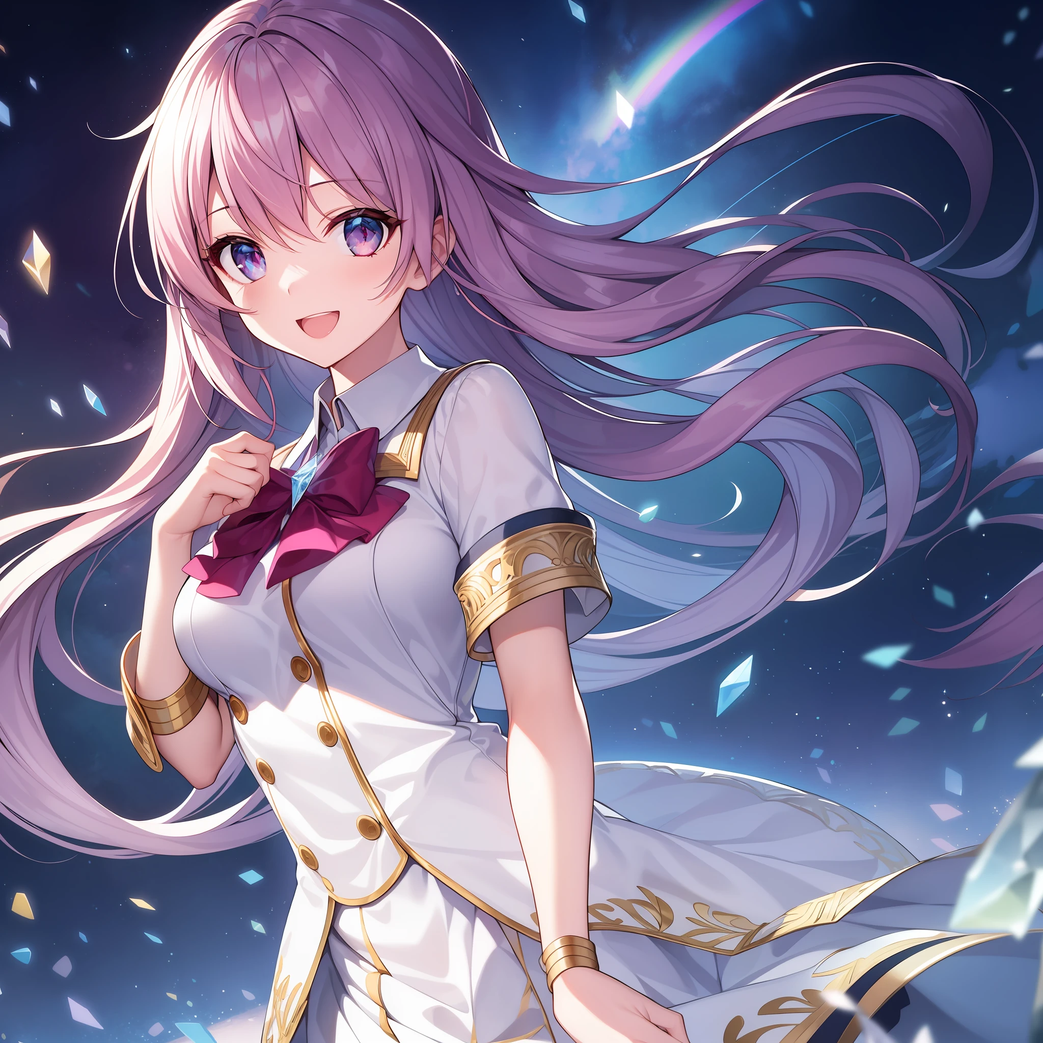 chest out, absurdres, superfine illustration,rainboweffect, highres, ultra detailed,light diffusion,highly detailed light reflection, kaleidoscope, harmonious, best shadow, highly detailed very beautiful big smile face, ;D, beautiful growing crystal diamond star pupil,look at viewer, beautiful detailed hair, solo, dynamic pose, beautiful detailed pink and black ribon, beautiful detailed High school uniform, Fantastic and the whole shines and shooting star and the wind is strong in detail background