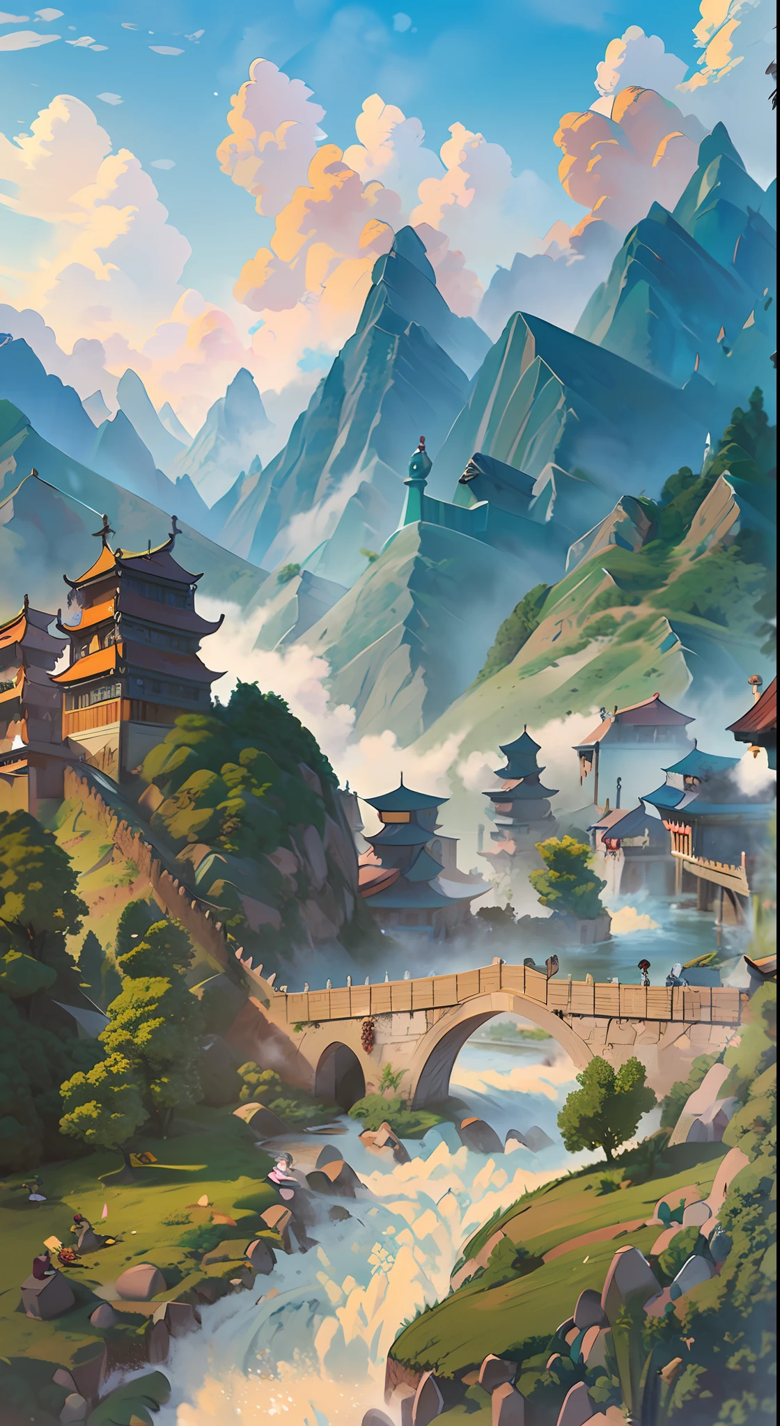 ((Landscape painting+Ancient wind+Traditional terrain of northern China:1.2),small bridge flowing water,With the ancient rhyme of the mountain village,The ancient road is vast,Majestic,Flowing clouds and smoke,Slightly drunk,arcadia)。 ,Ancient countryside,Ink wind --auto