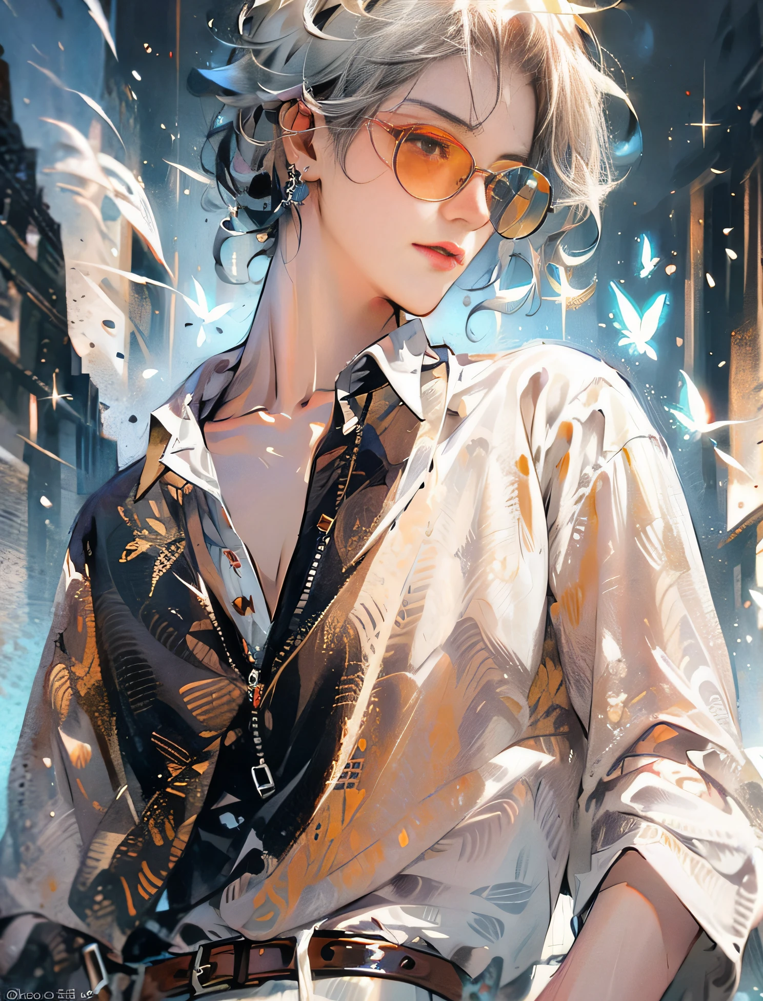 Close-up of a white haired man in a shirt and sunglasses, Guviz-style artwork, ross tran style, Guviz, In the style of Ross Tran, inspired by Ross Tran, lois van rossdraws, by Russell Dongjun Lu, loish and ross tran