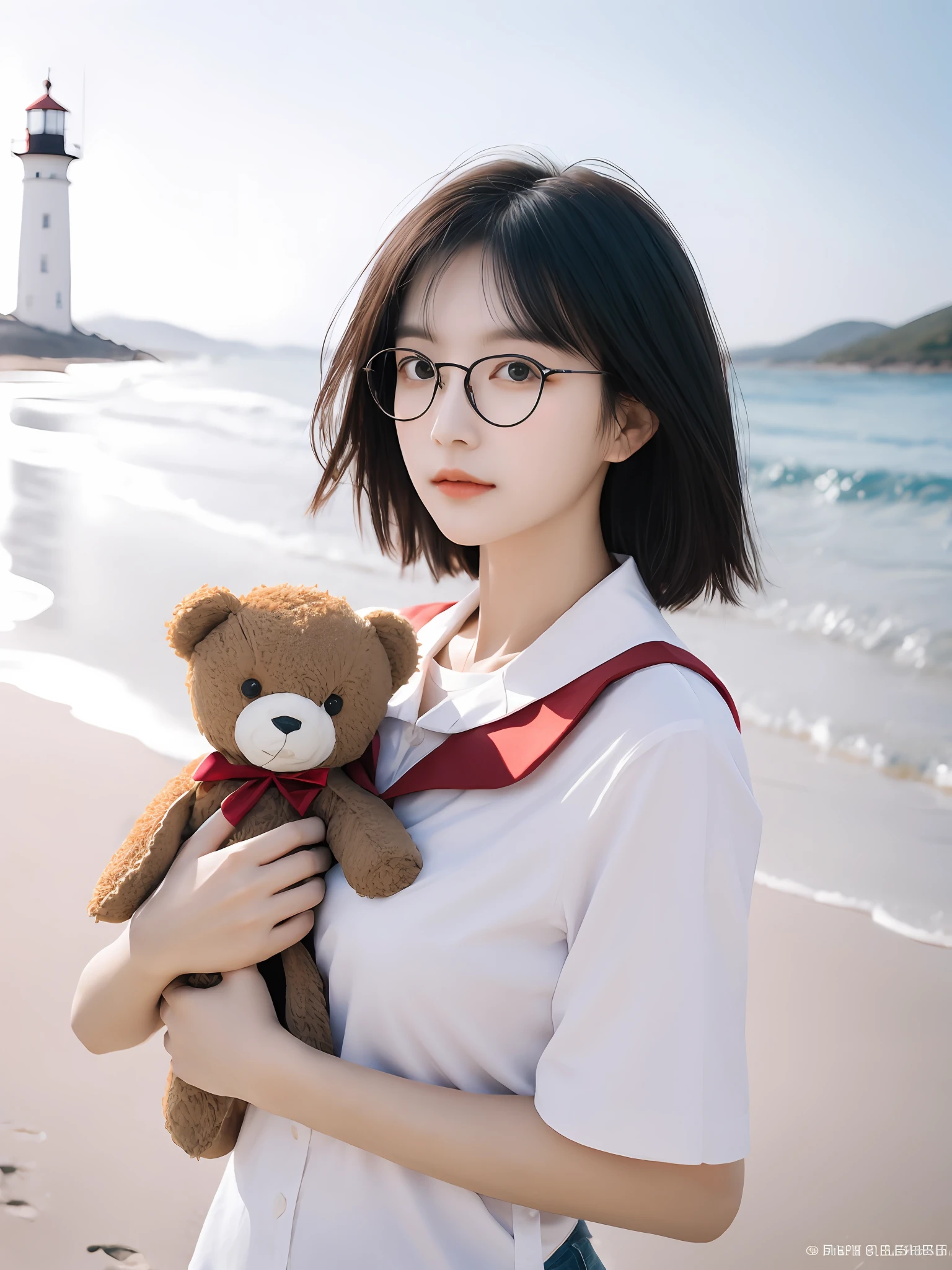 Coastal beauty，1girl huge large breasts，（Short hair），school uniformss，wears glasses，（largeeyes，Thin face，White skin，Carefree expression），beach sand background，lighthouse，Gentle sea breeze，playful pose，dynamic compositions，vague background，rich colours，finely detailled，50mm lens，Relaxed atmosphere。Portrait Photogram，35mm film，Nature blurs beautiful and clear eyes，simple blurr background，Extreme detail description，beatifull，mesmerizing，an ultrafine painting，delicated face，exquisite body，Fine collarbones， lovely lips，slender leg，Full-body photo of standing，（8K，RAW photos，best quailty，tmasterpiece：1.2），（realisticlying，photo-realistic：1.37），Holding a teddy bear in both hands