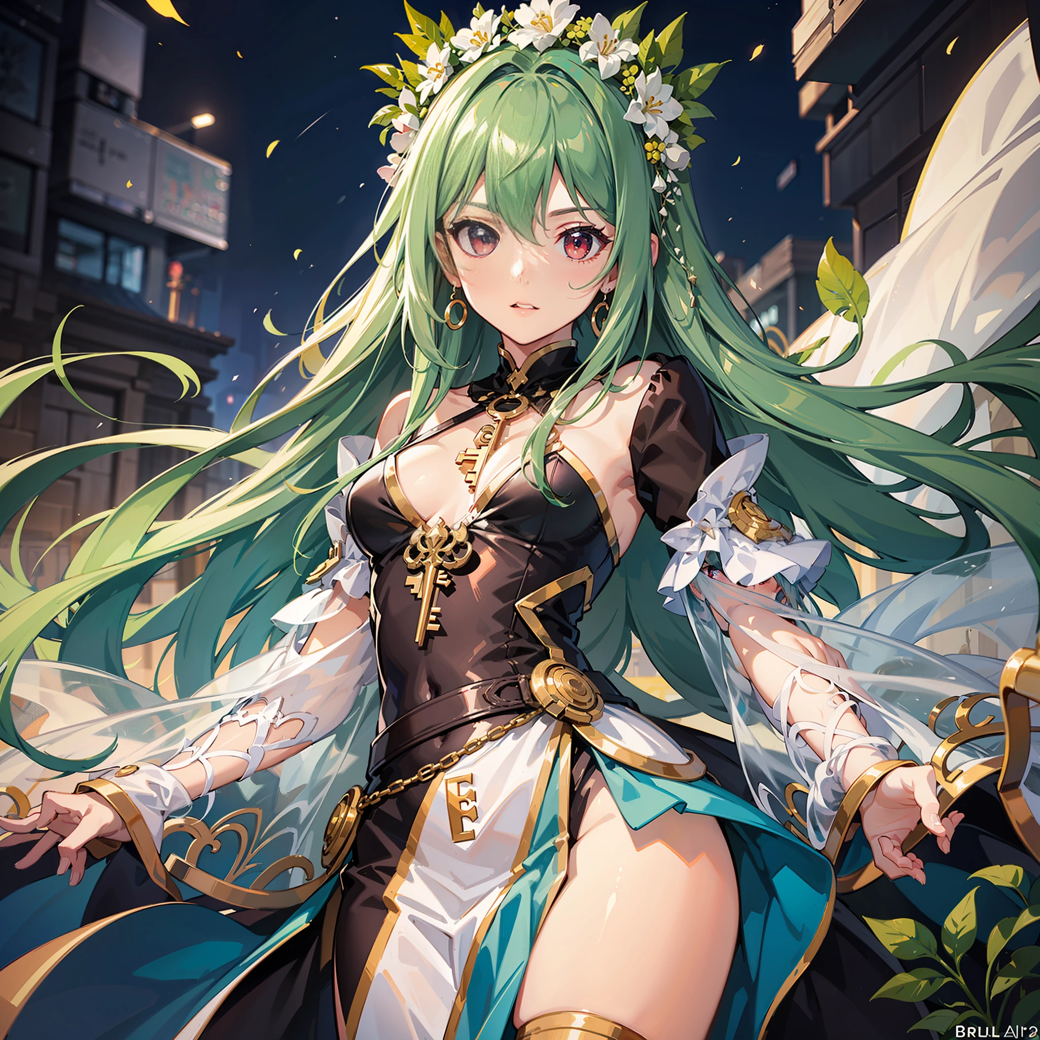 Blurred edge lines,Use dull colors,Single full-length portrait,simplebackground,Druid priesthood,Green hair,Bobbed hair,Botanical headdress,Red eyes,Green dress made of plants,Lovely girl,flatchest,Maniac,offcial art,Optimize human body details,clothing details optimization,Detail art,tmasterpiece,best quailty, A high resolution,best quailty,high qulity,detailed key anime art,Best anime,8K