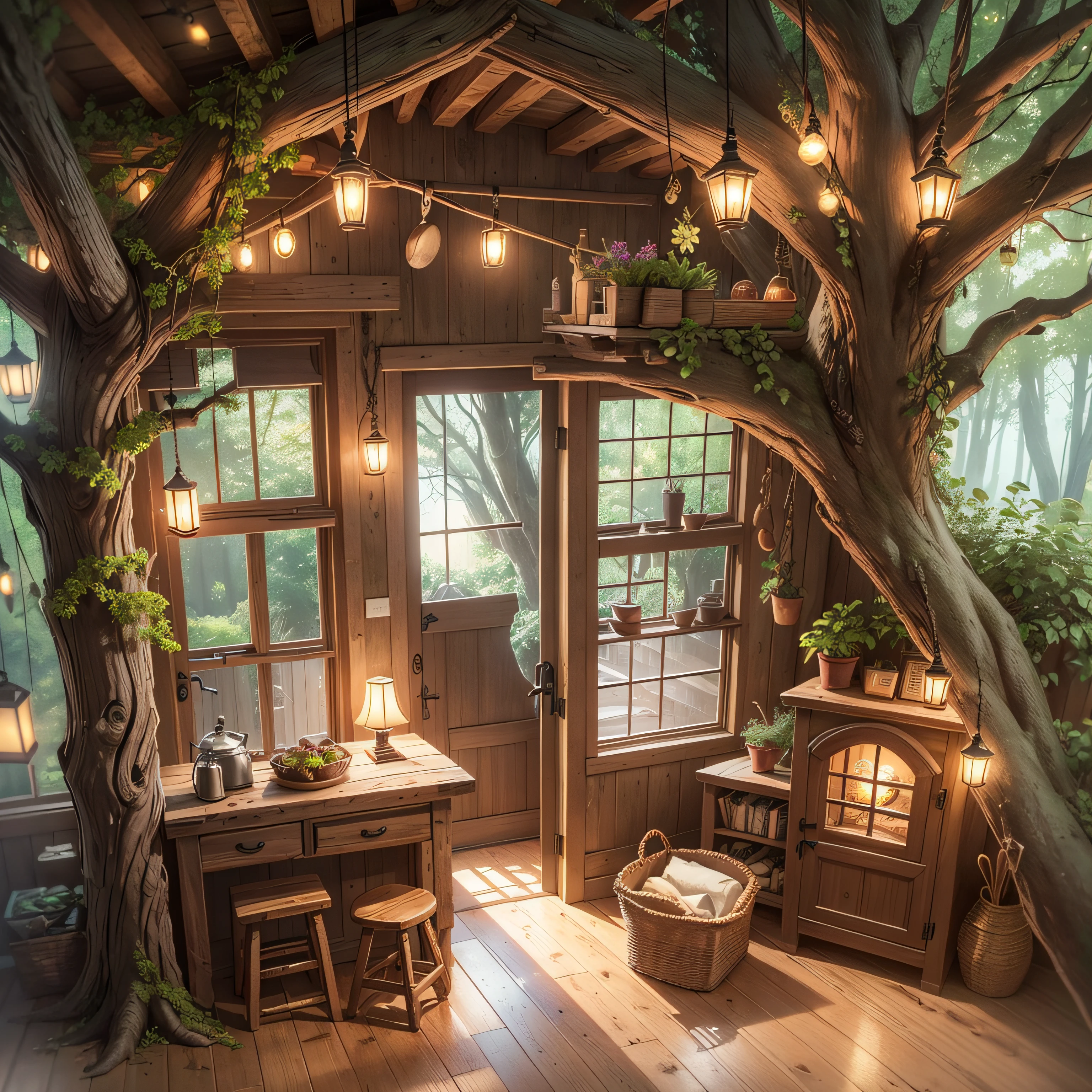 Furniture trees：Trees grow out of the space of the house, The roots of the tree are coiled into 1-meter-high steps, The roots and branches of the tree surround the four bedrooms, two living rooms, one kitchen and four bathrooms, The interior floor is surrounded by new roots and branches that form furniture, The leaves grow into various kinds of paper, Some of the branches grew into pots and pans, The taller trunks grew into small two-story buildings, The tree trunk sticks out again to form a balcony, The leaves on the balcony grew into curtains, Some vines also dangled into curtains, high detail, Romanticism, chiaroscuro, 8k --auto