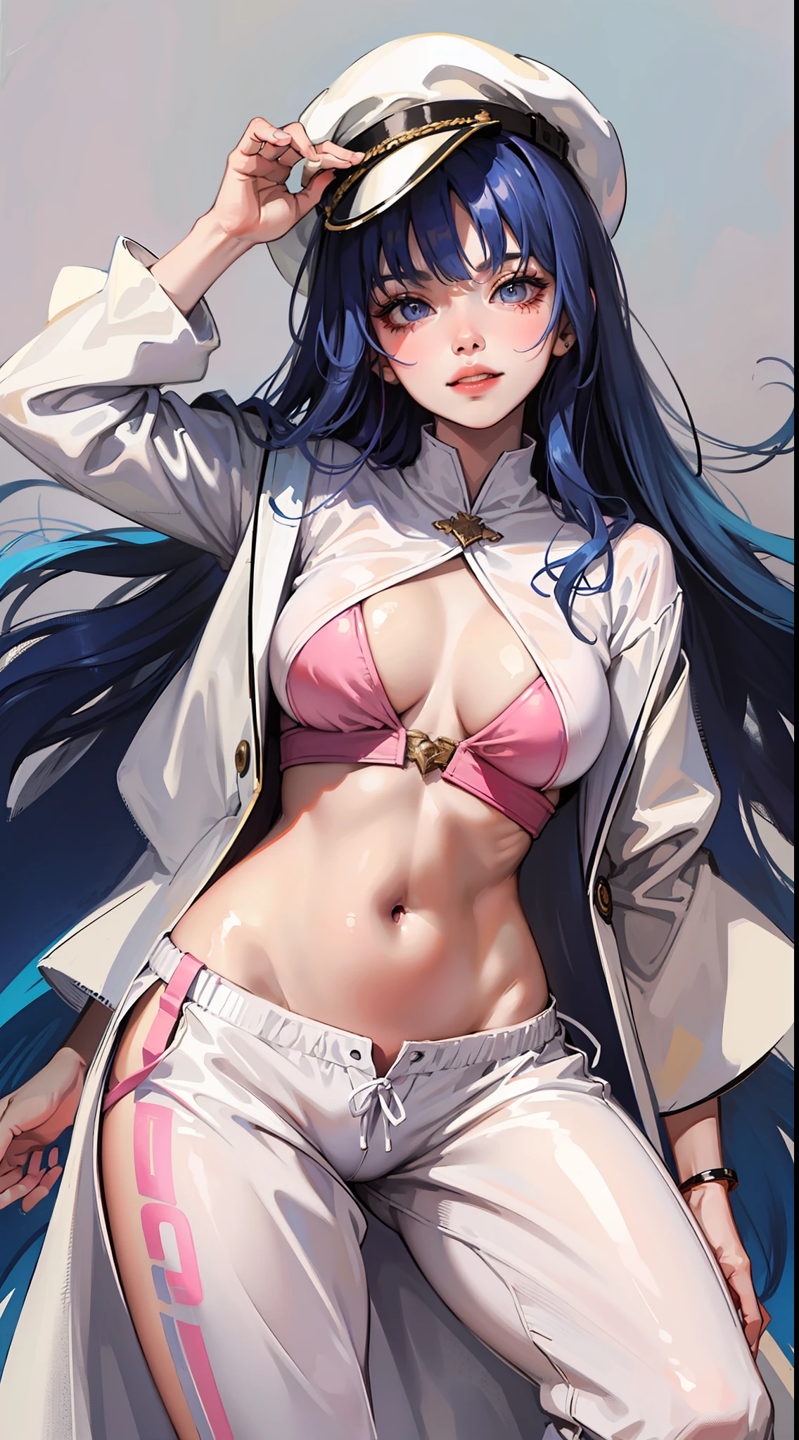 young girl, long blue hair, pink eyes, white robe, hat, open belly, side breast, pants, smirk, Masterpiece, highly quality