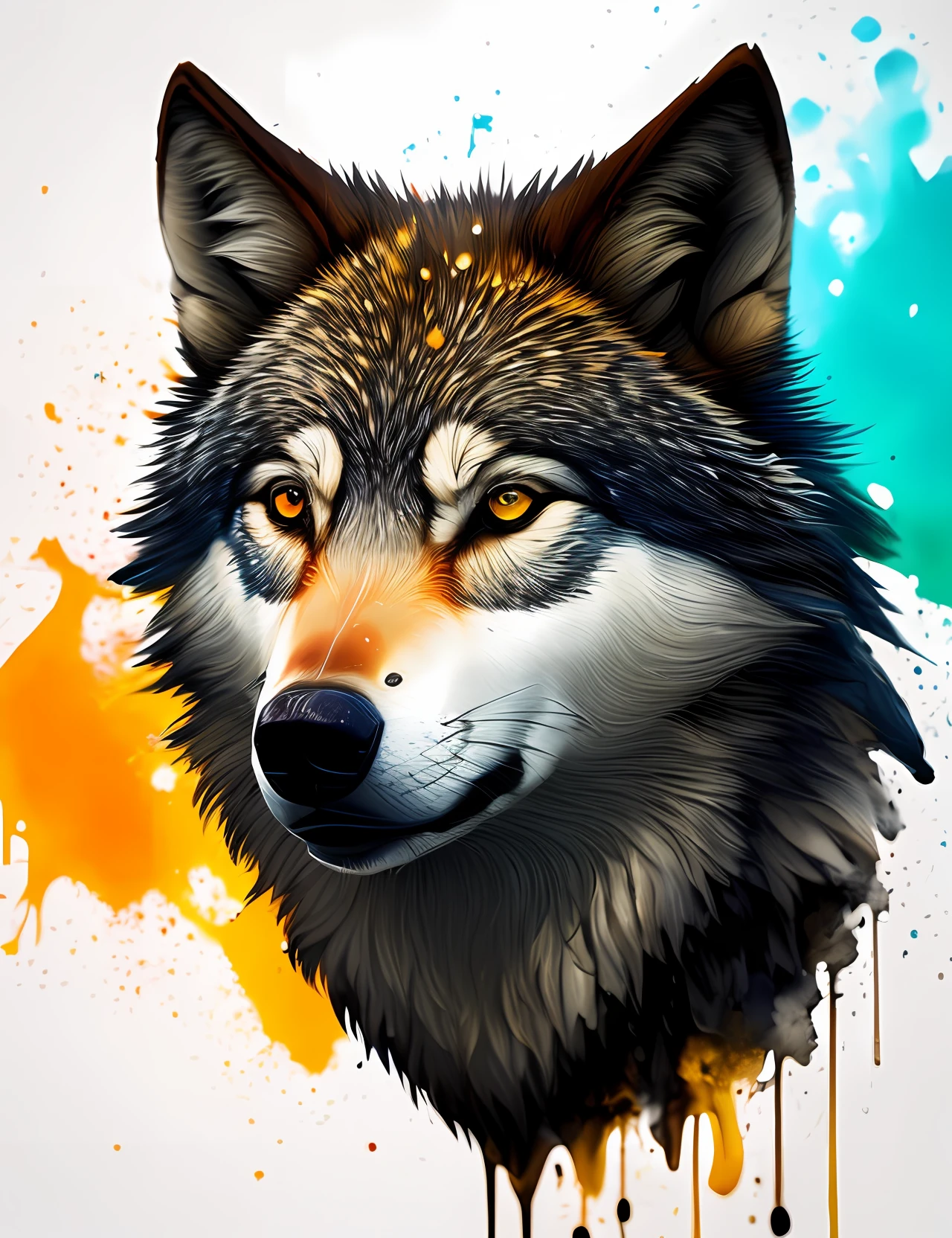 Splash art, a wolf head, ((white background)), piercing eyes, epic Instagram, artstation, splash style of colorful paint, contour, hyperdetailed intricately detailed , unreal engine, fantastical, intricate detail, splash screen, complementary colors, fantasy concept art, 8k resolution, deviantart masterpiece, oil painting, heavy strokes, paint dripping, splash arts