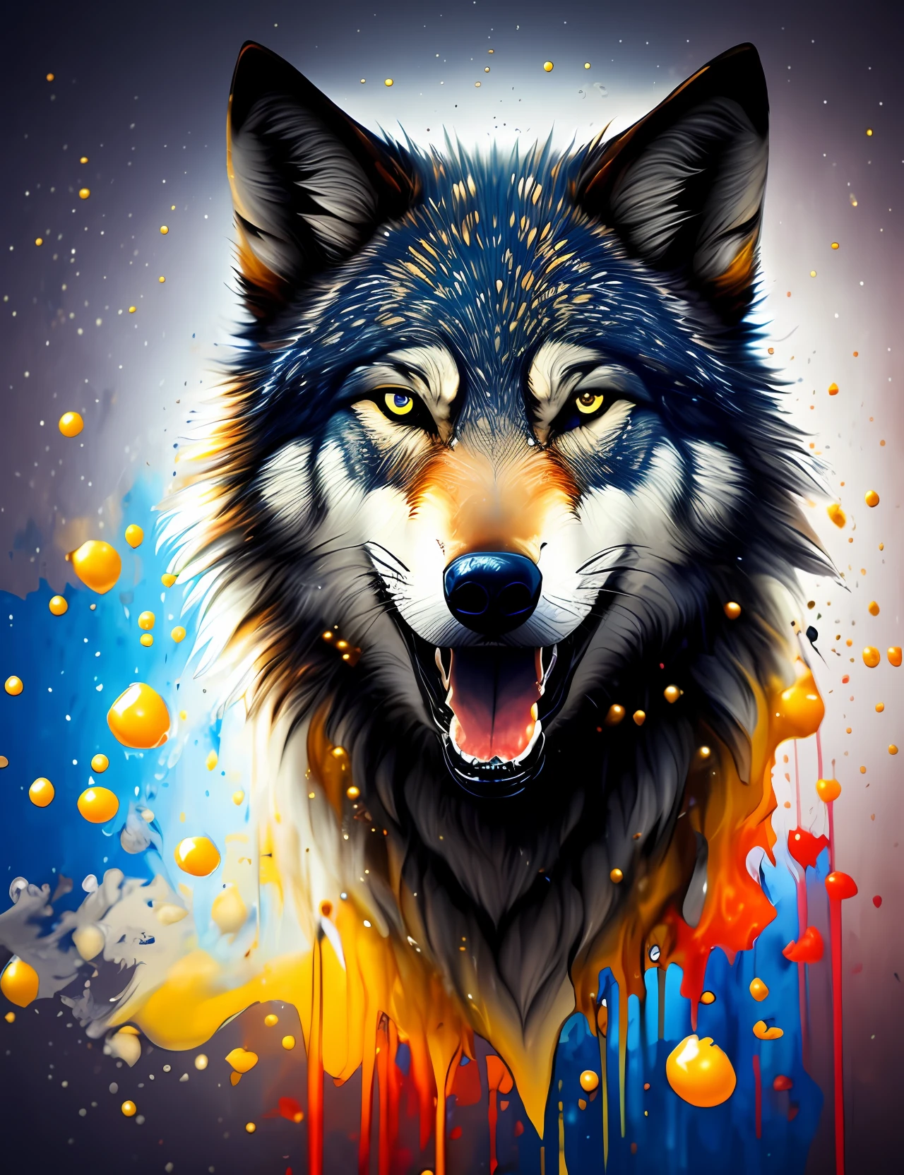 Splash art, a wolf head, ((white background)), piercing eyes, epic Instagram, artstation, splash style of colorful paint, contour, hyperdetailed intricately detailed , unreal engine, fantastical, intricate detail, splash screen, complementary colors, fantasy concept art, 8k resolution, deviantart masterpiece, oil painting, heavy strokes, paint dripping, splash arts